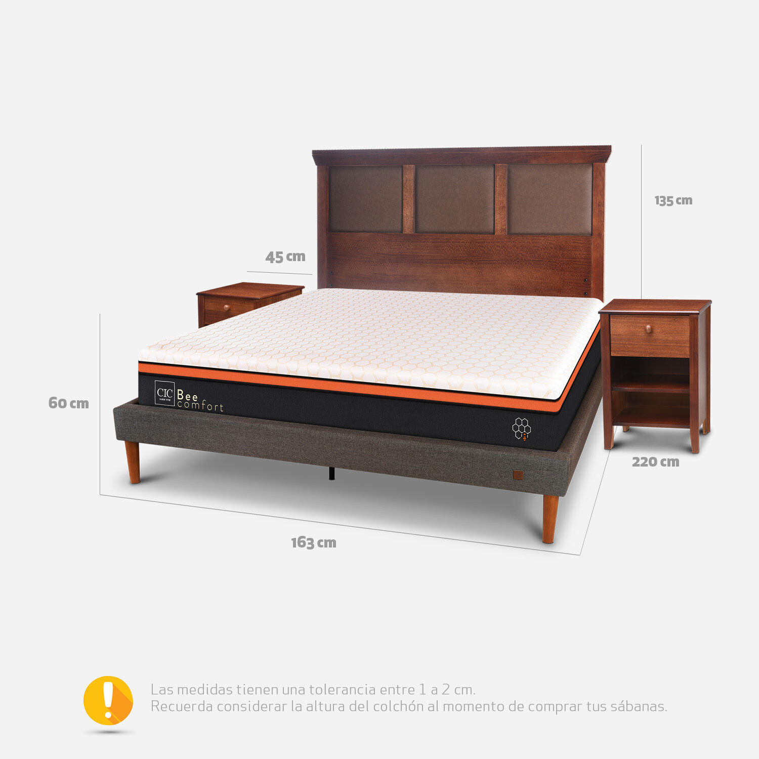 Cama Europea Curve 2 Plazas Bee Comfort + Set Torino Caramel