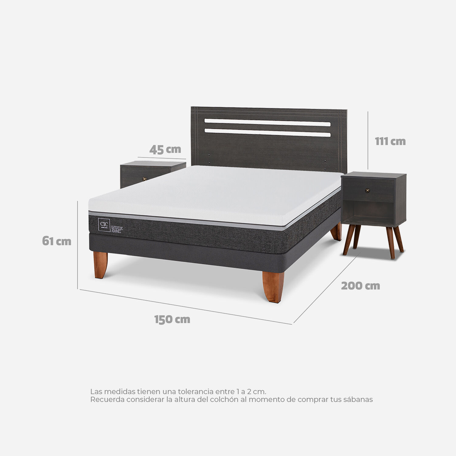 Cama Europea 2 Plazas Ortopedic Advance Base Normal + Set Múnich Gris