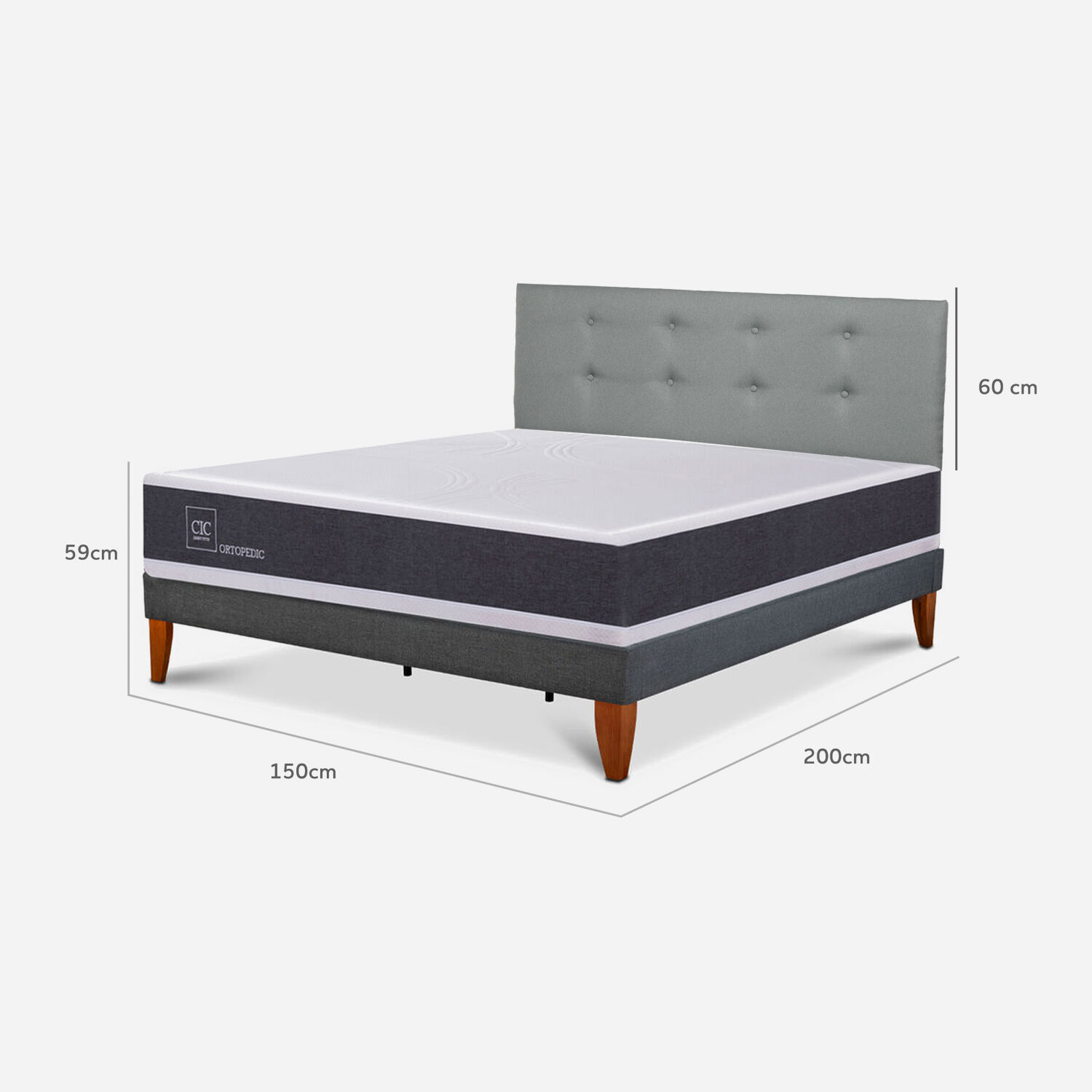 Cama Europea Box New Ortopedic 2 Plazas + Respaldo Tapiz Gris