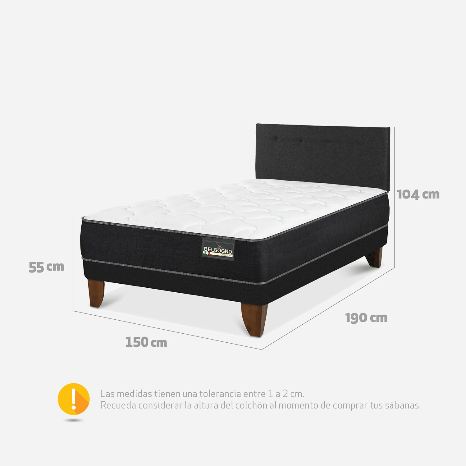 Cama Europea Belsogno 2 Plazas Plus Black con Base Normal y Respaldo Black