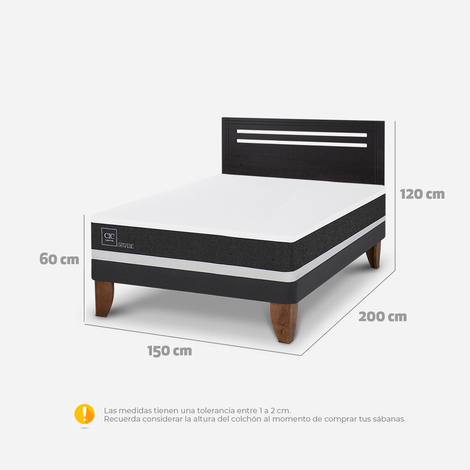 Cama Europea 2 Plazas Ortopedic Base Normal + Respaldo Múnich Negro