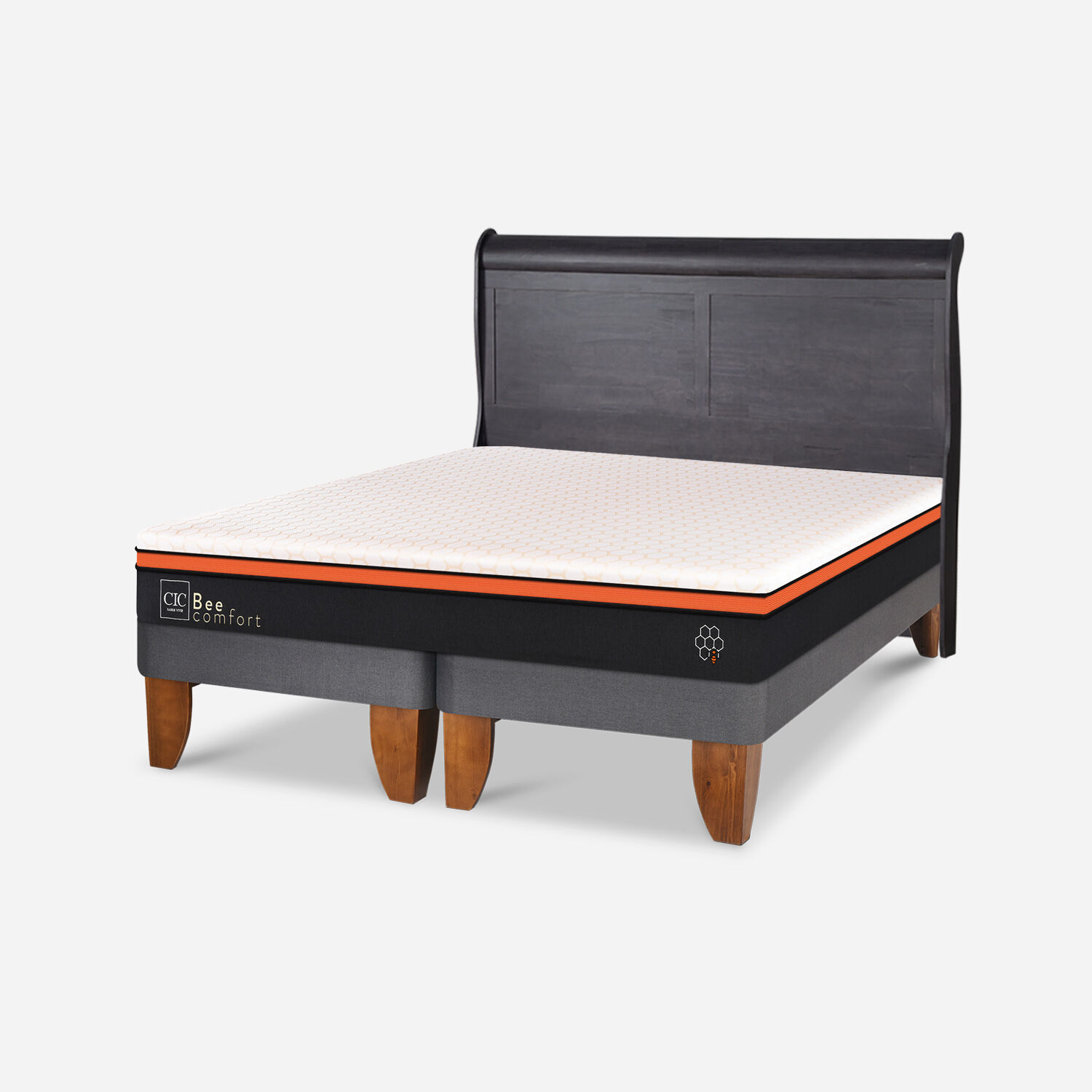 Cama Europea 2 Plazas Bee Comfort Base Dividida + Respaldo Miró Negro