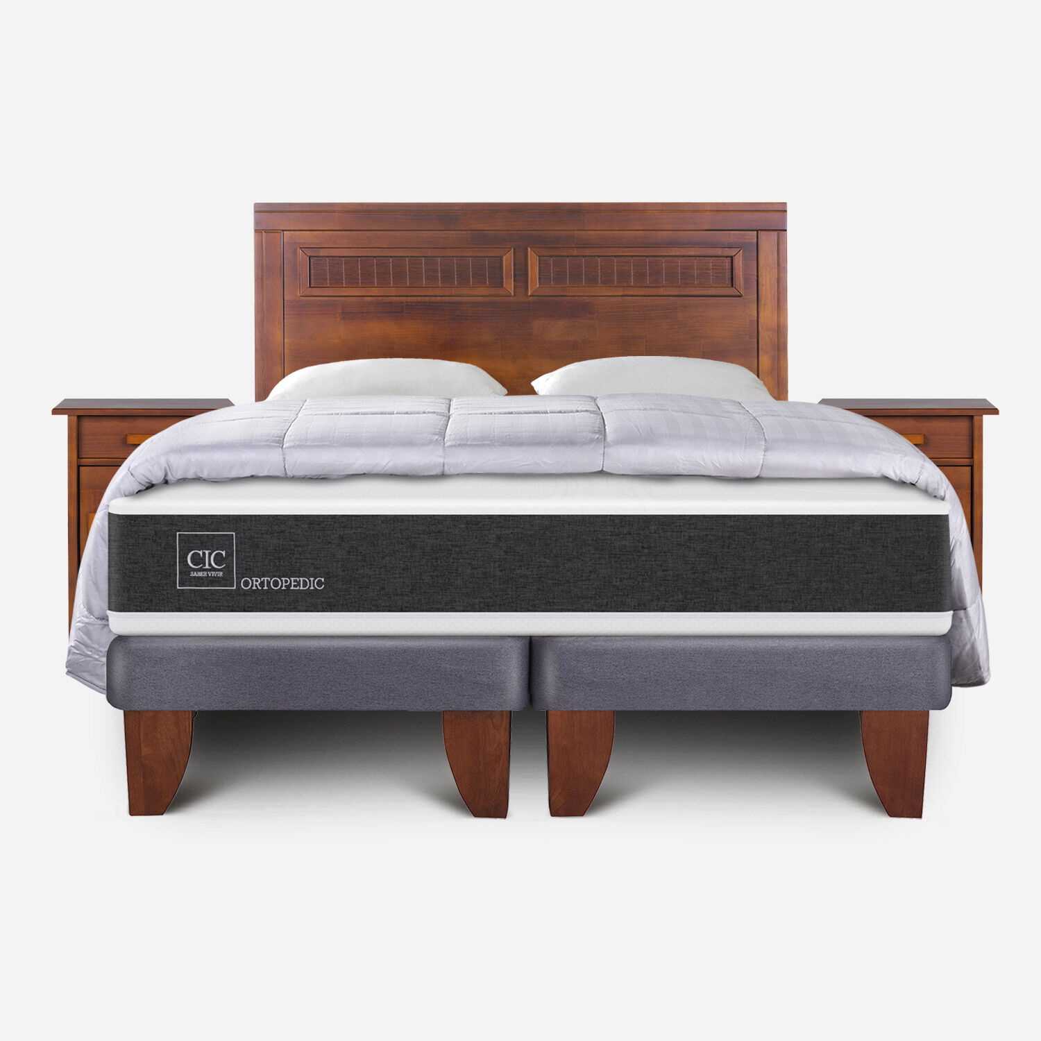 Cama Europea 2 Plazas Ortopedic Base Dividida + Set Mil&aacute;n Caramel + Almohadas + Plum&oacute;n Plumas