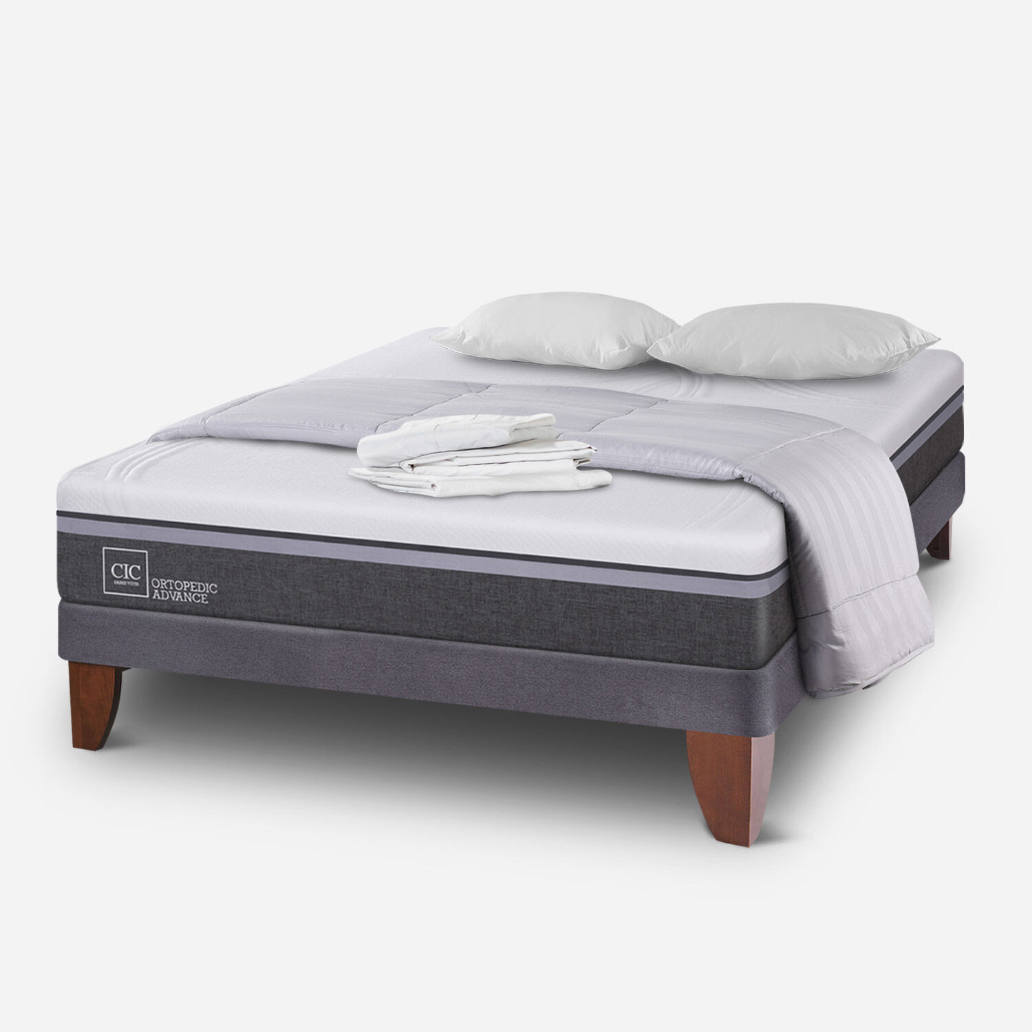 Cama Europea 2 Plazas Ortopedic Advance Base Normal + Almohadas + Plum&oacute;n