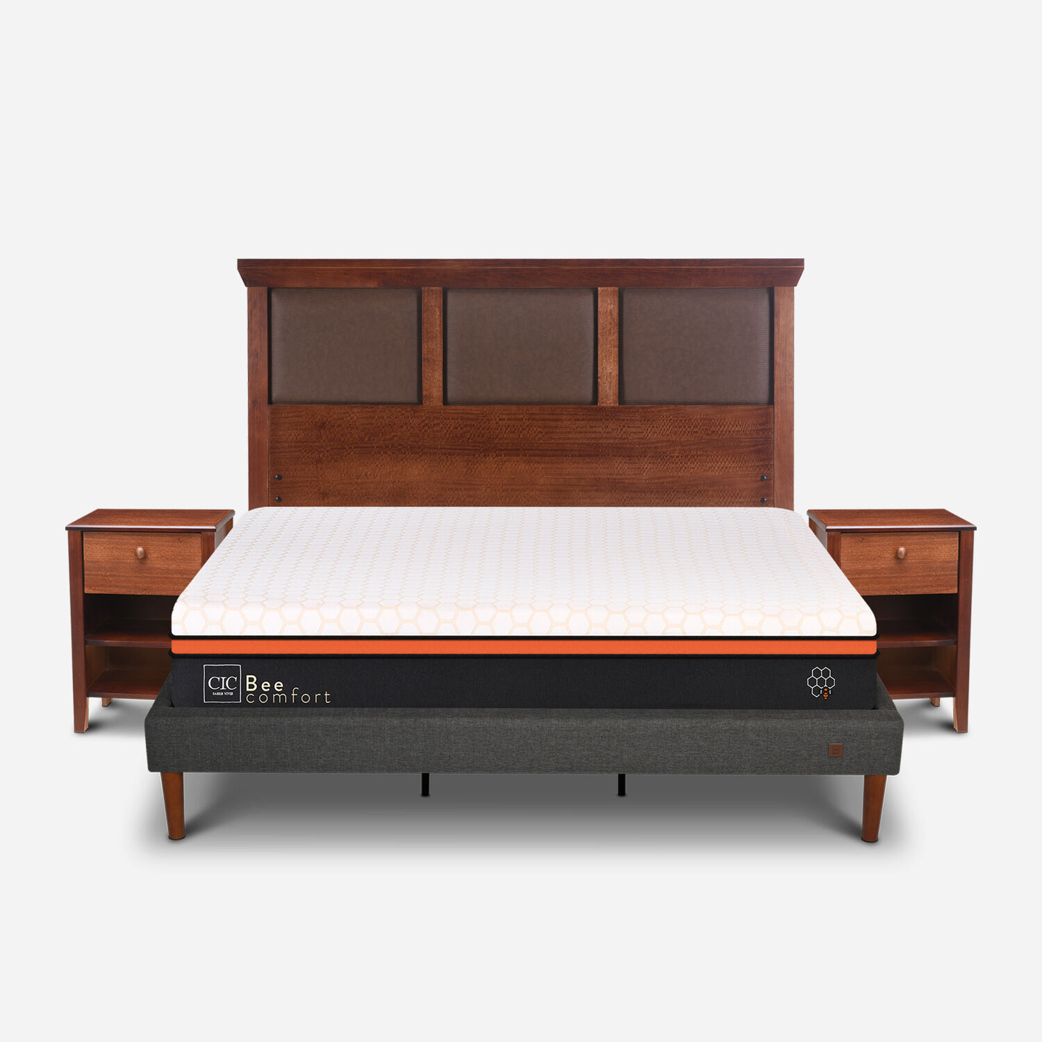 Cama Europea Curve King Bee Comfort + Set Torino Caramel