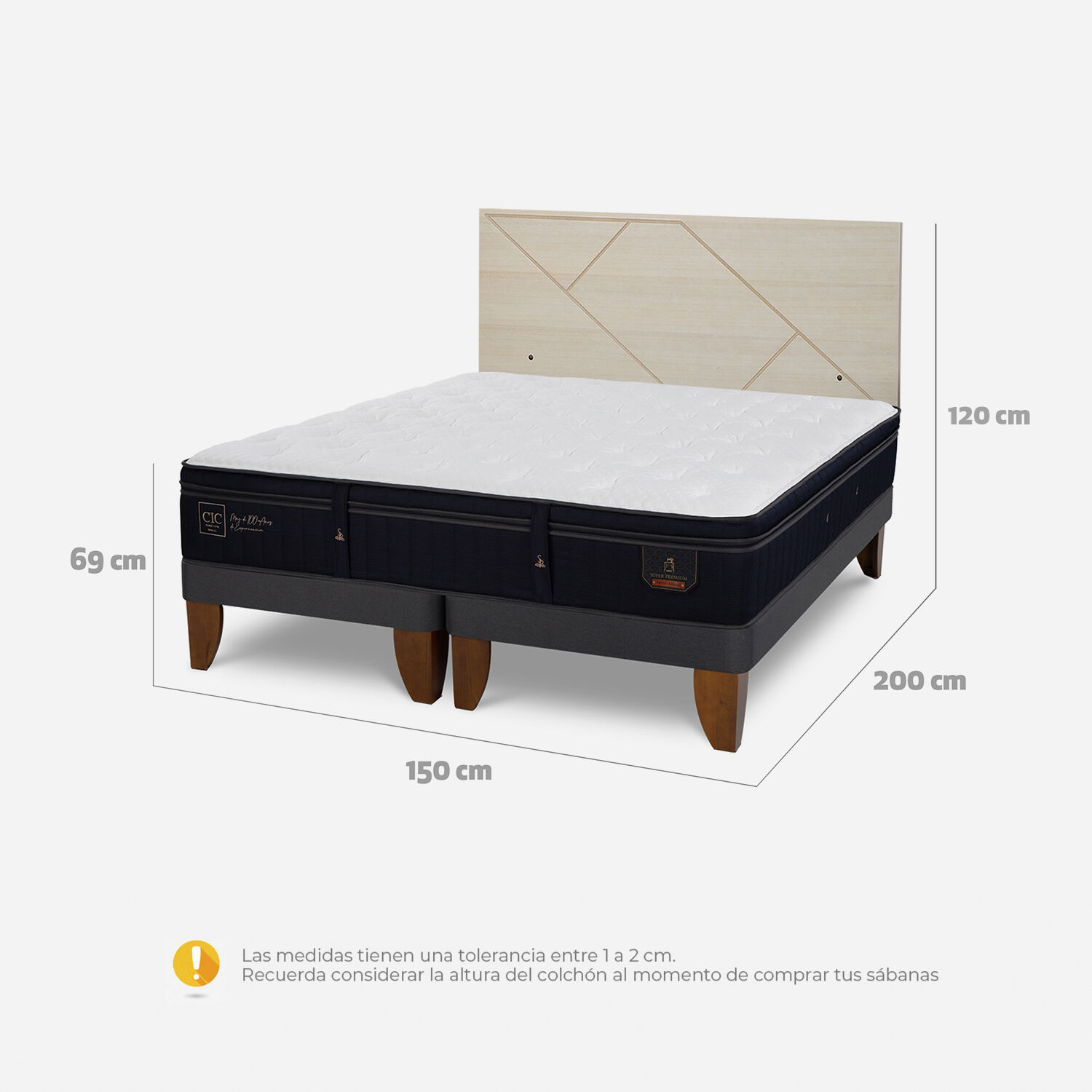 Cama Europea 2 Plazas Super Premium Base Dividida + Respaldo Villarrica Alpino