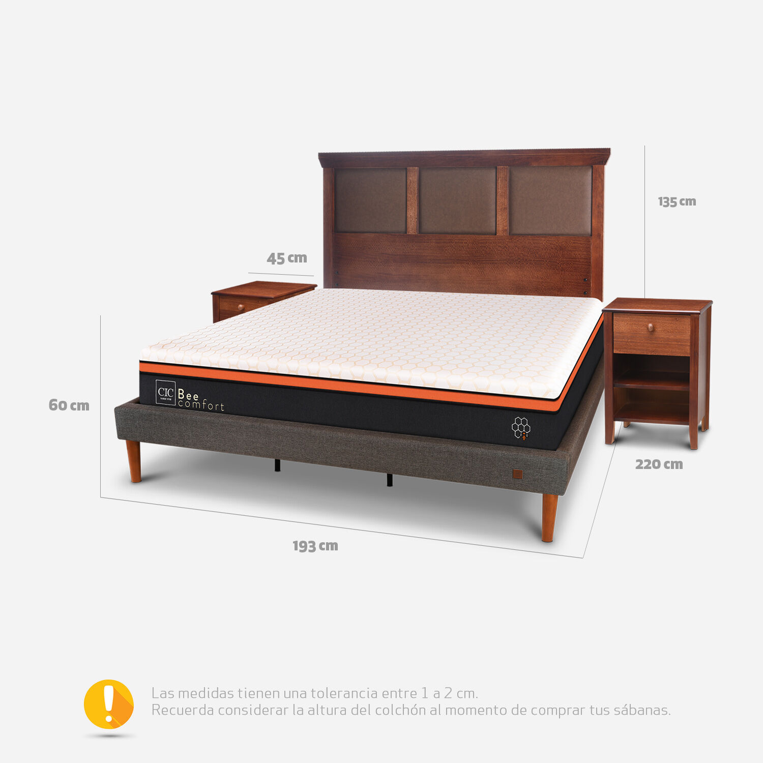Cama Europea Curve King Bee Comfort + Set Torino Caramel