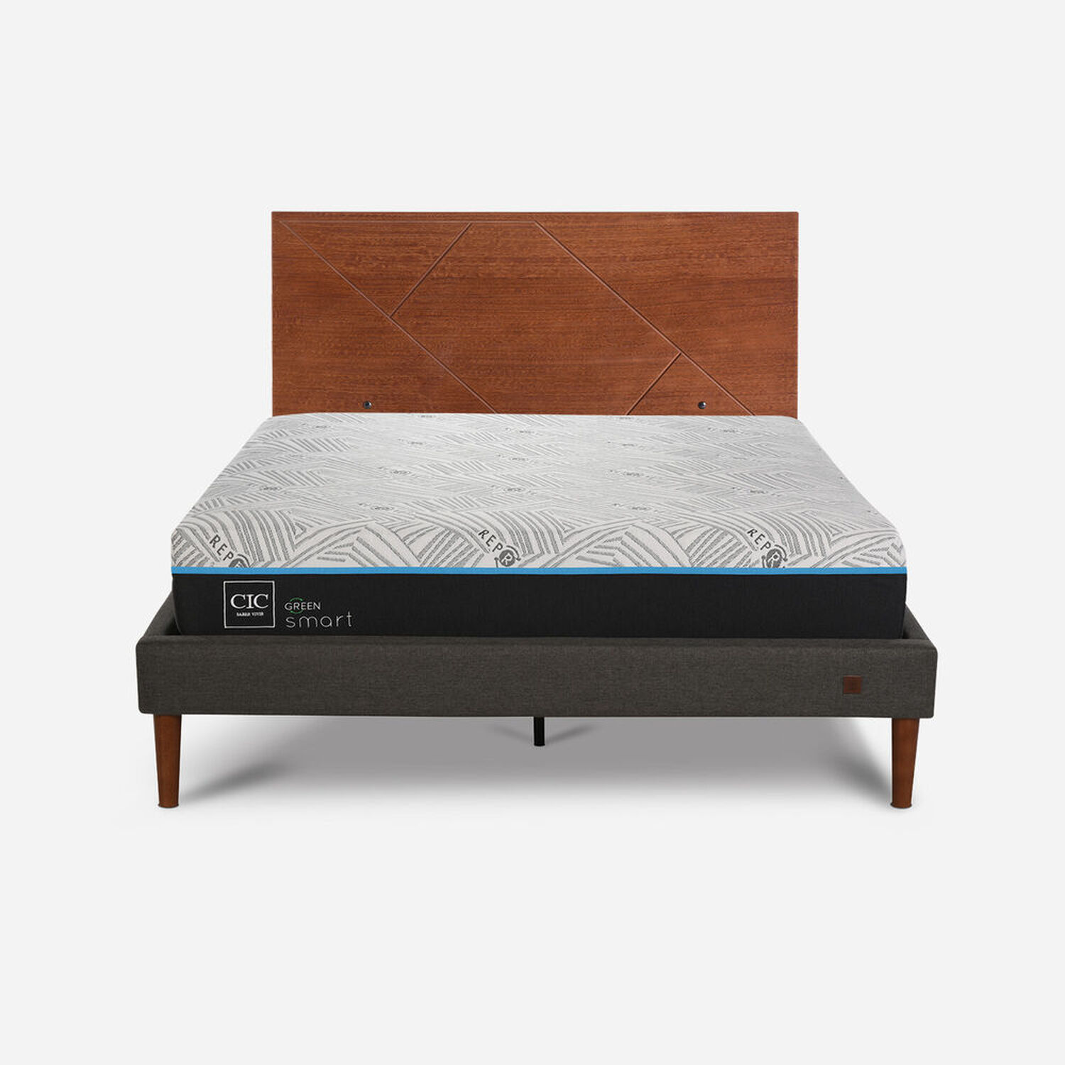 Cama Europea Curve 2 Plazas Infinity Green + Respaldo Villarrica Caramel