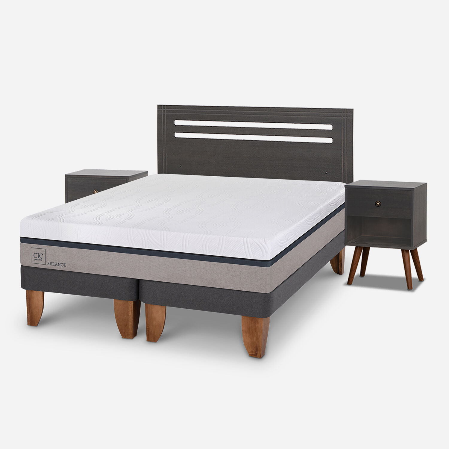 Cama Europea 2 Plazas Balance Base Dividida + Set M&uacute;nich Gris