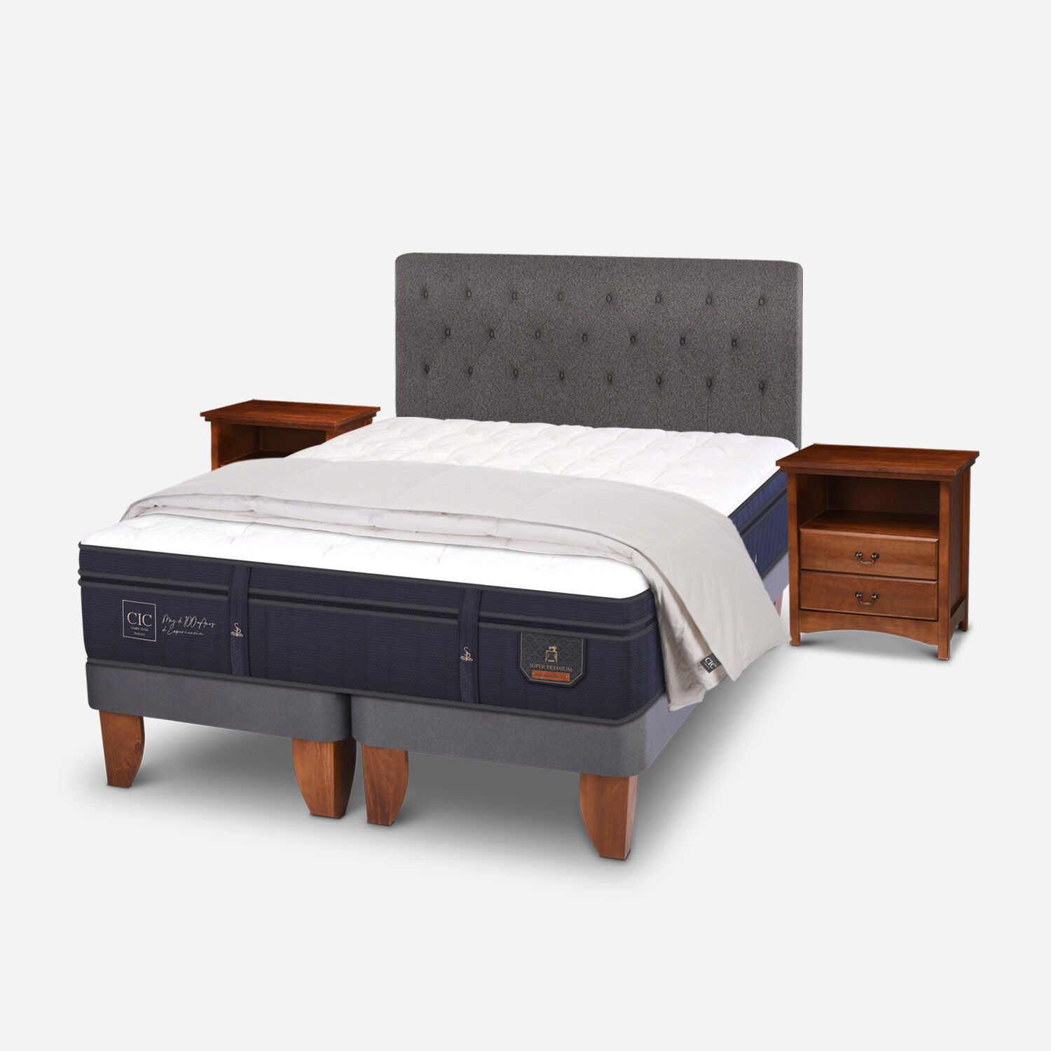 Cama Europea King Super Premium + Set Kaveri + Plum&oacute;n 100% Pluma de Ganso