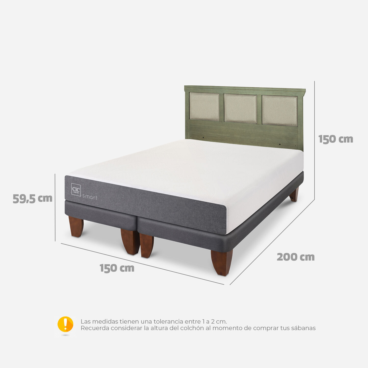 Cama Europea 2 Plazas Smart Base Dividida + Respaldo Torino Olivo