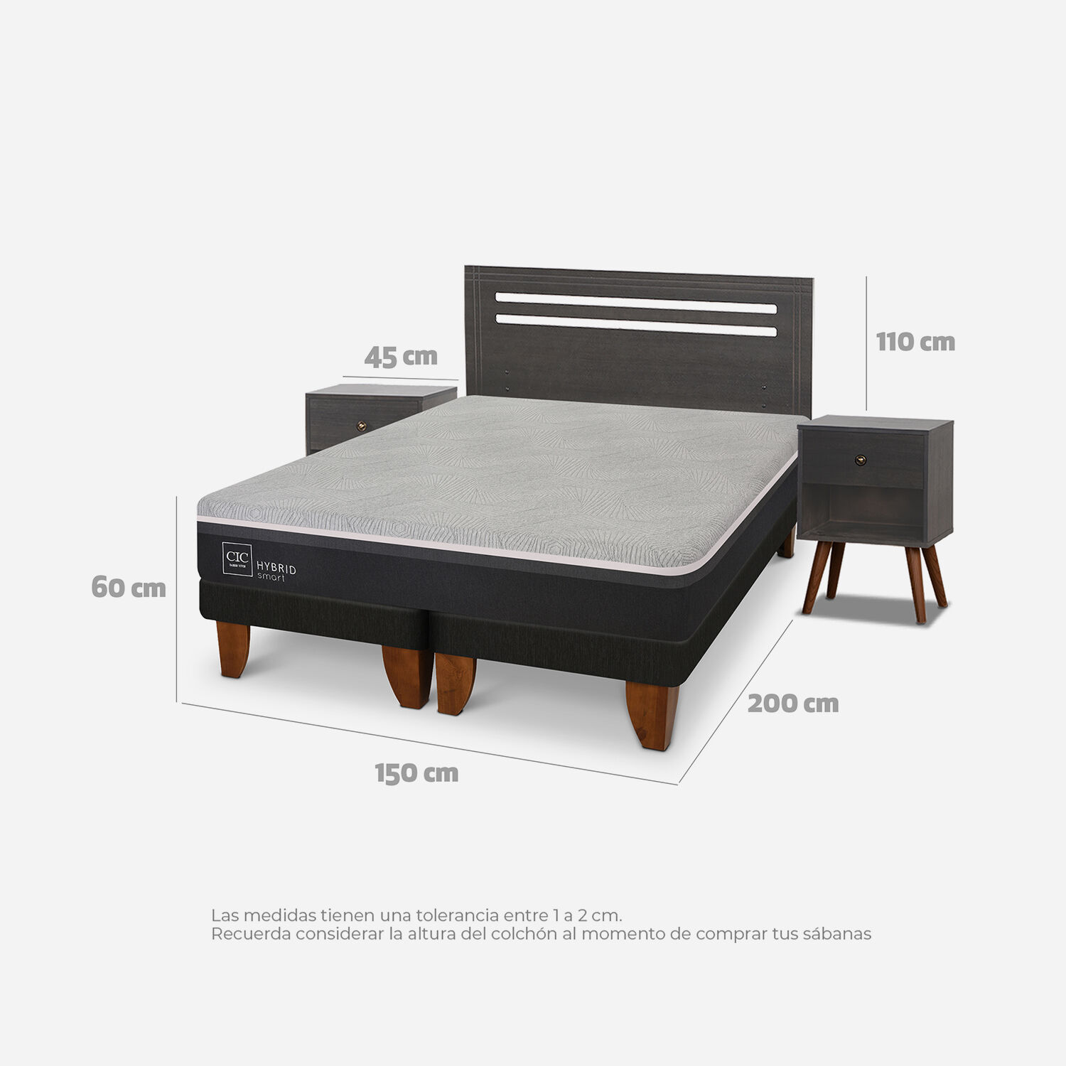 Cama Europea 2 Plazas Hybrid + Set M&uacute;nich Gris