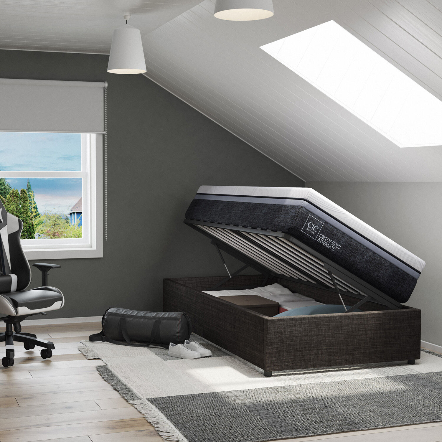 Cama Space Box 1,5 Plazas Anatomic + Velador Torino Chocolate