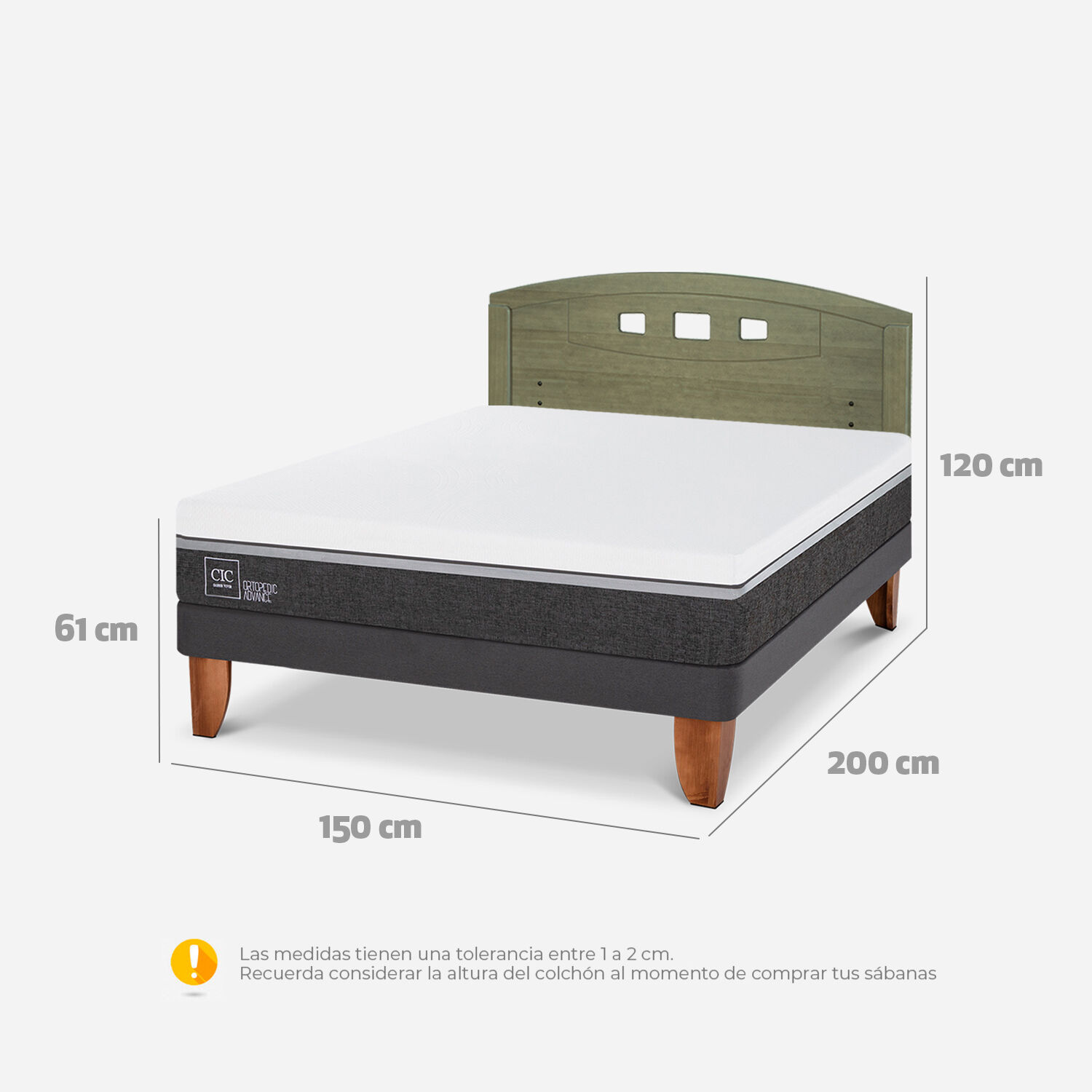 Cama Europea 2 Plazas Ortopedic Advance Base Normal + Respaldo Gales Olivo
