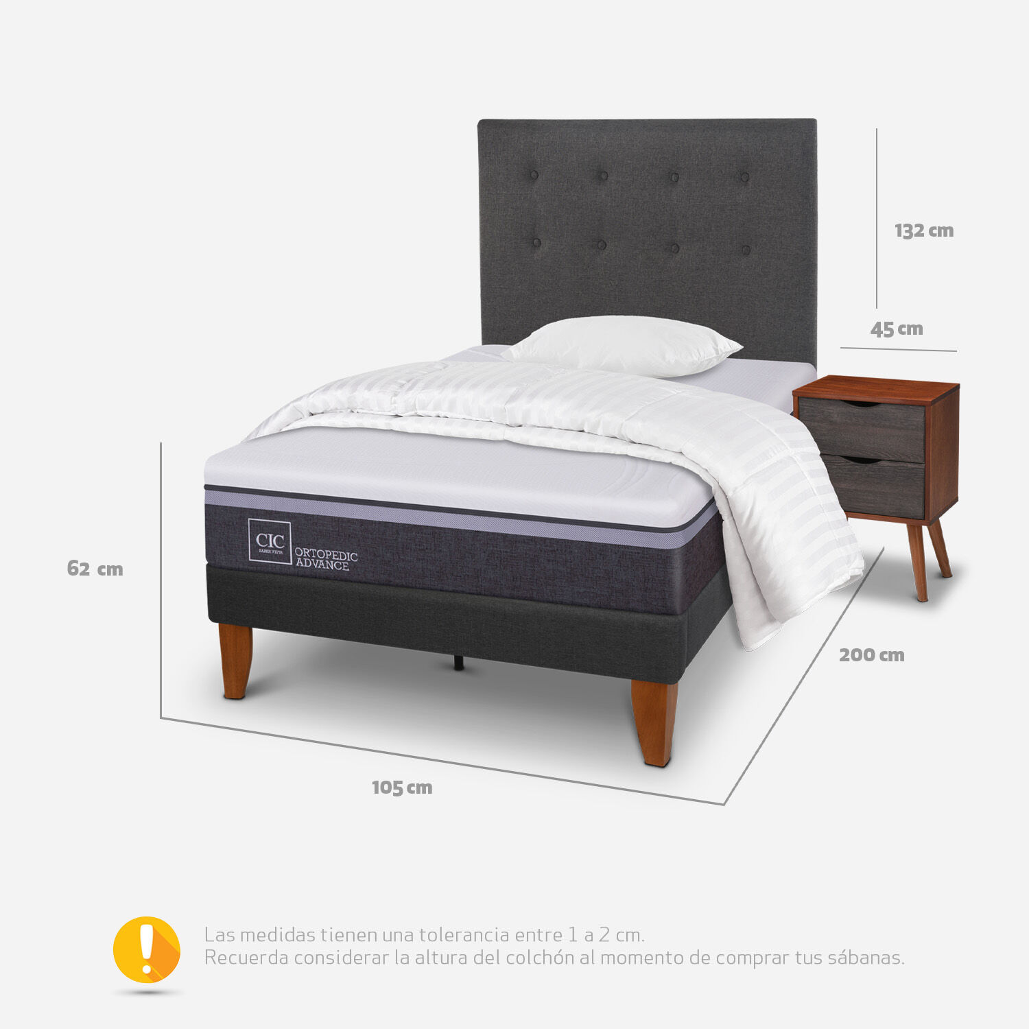 Cama Europea Curve 1,5 Plazas Ortopedic Advance + Set &Eacute;ufrates + Almohada + Plum&oacute;n