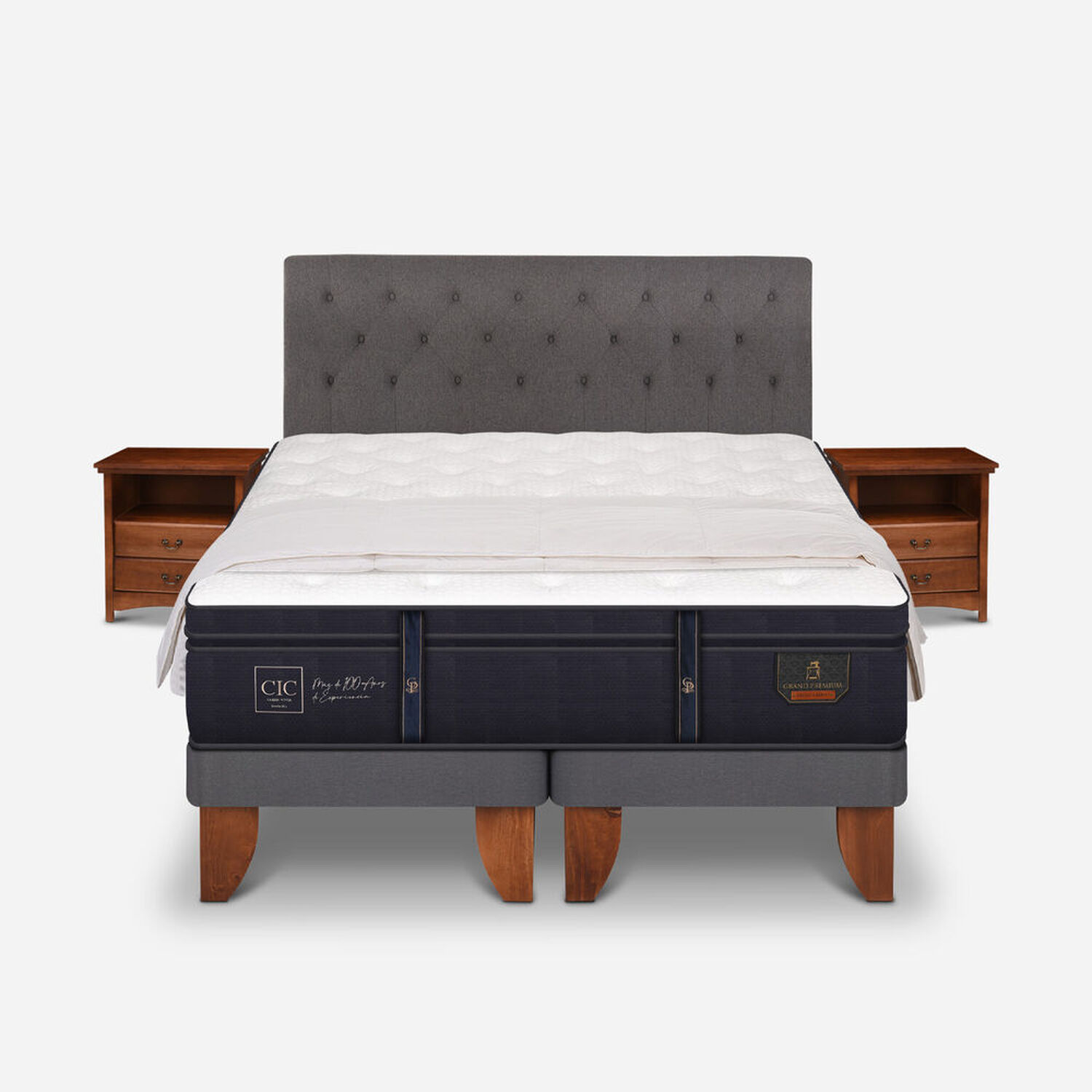 Cama Europea King Grand Premium + Set Kavery + Plum&oacute;n 15% Pluma de Ganso