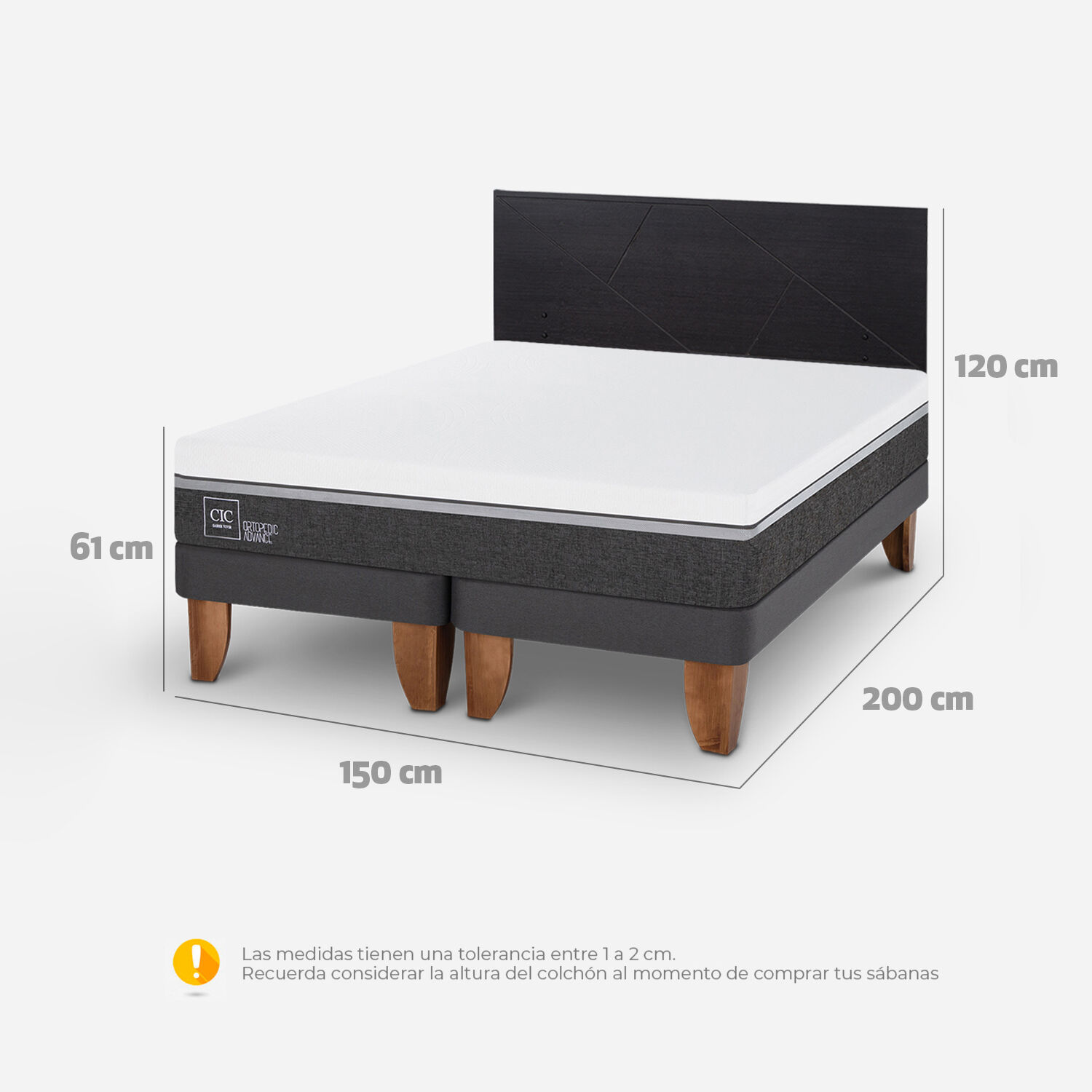 Cama Europea 2 Plazas Ortopedic Advance Base Dividida + Respaldo Villarrica Negro