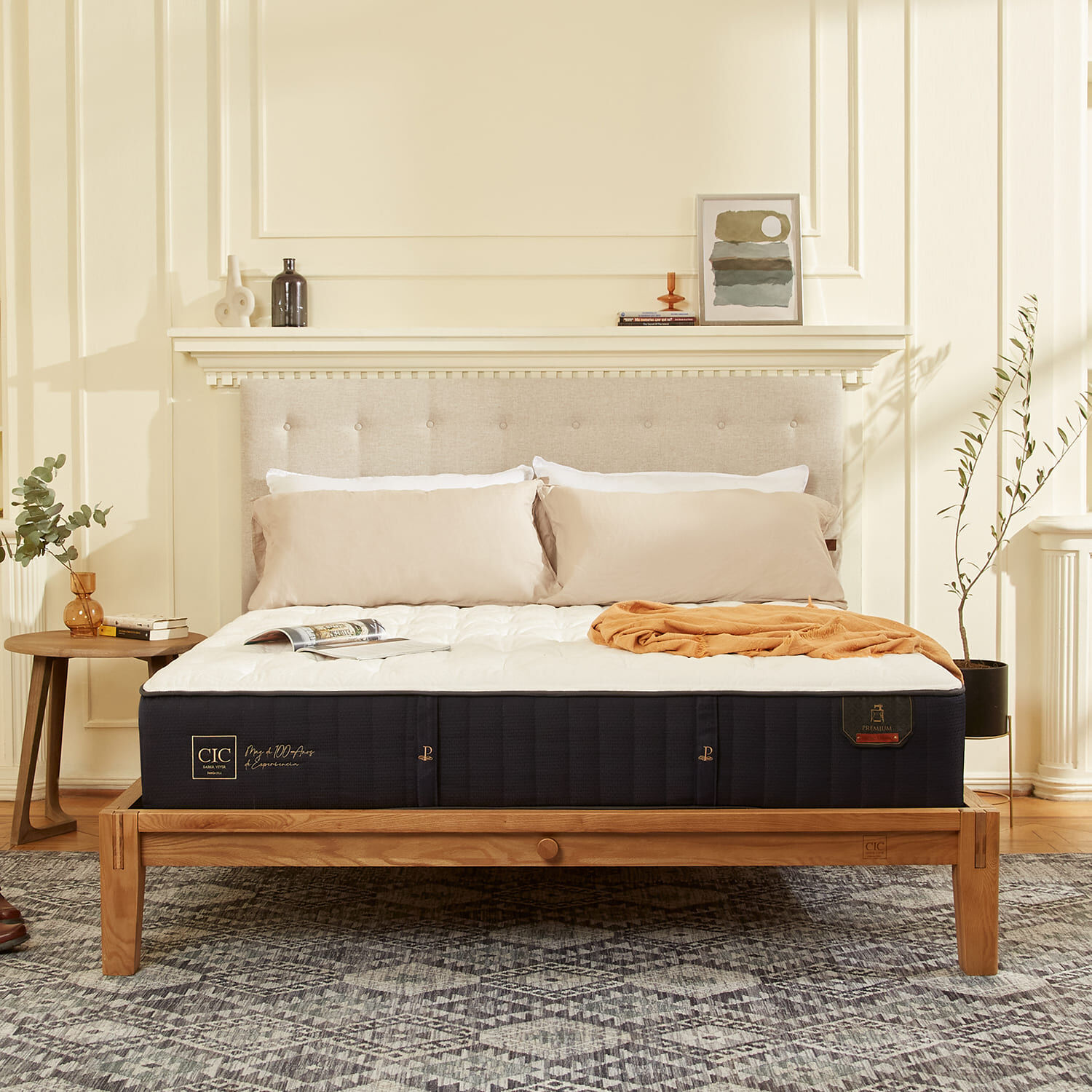 Cama Oak 2 Plazas Premium + Almohadas Viscoelásticas + Plumón