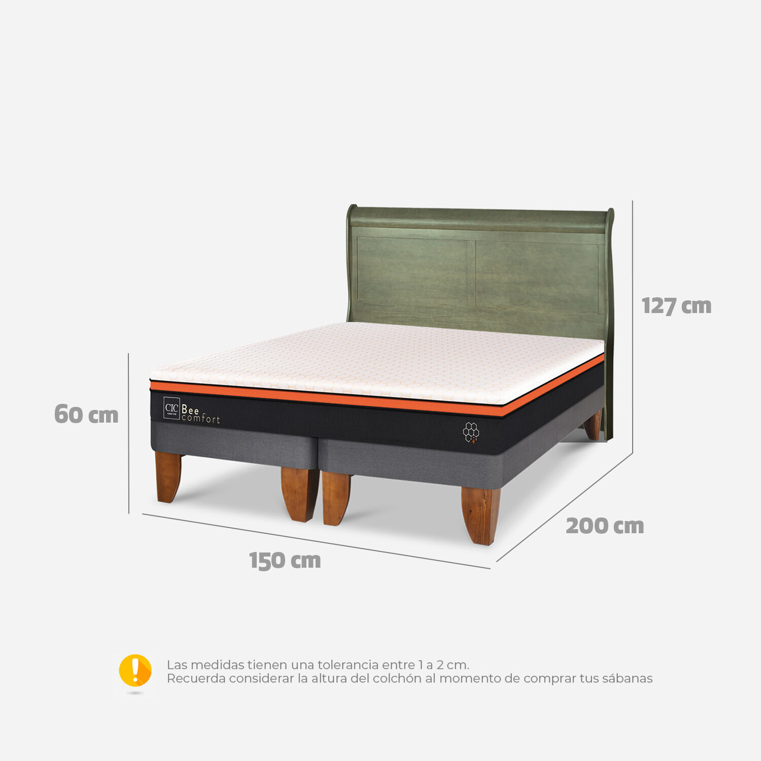 Cama Europea 2 Plazas Bee Comfort Base Dividida + Respaldo Miró Olivo