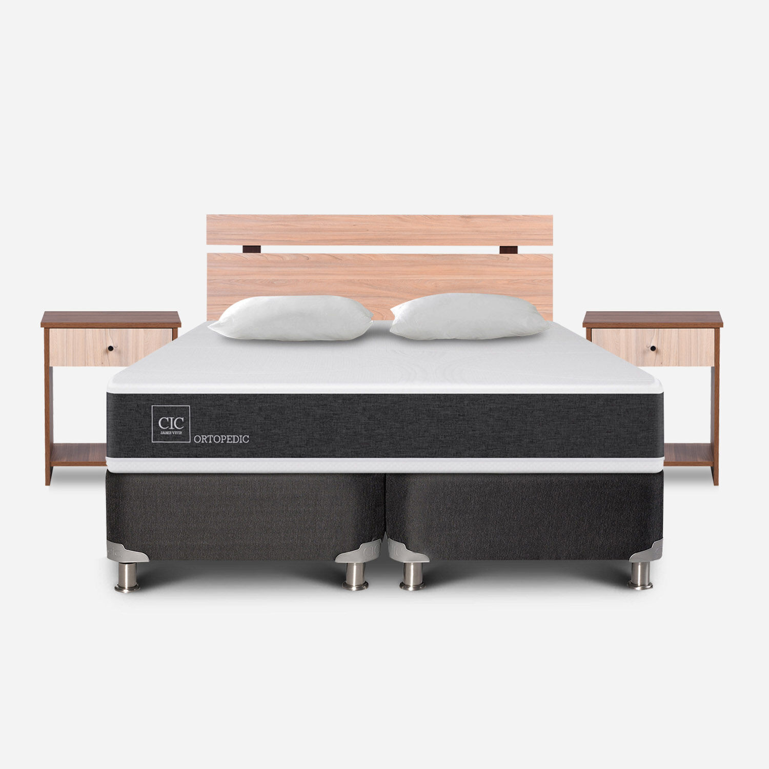 Box Spring 2 Plazas Ortopedic Base Dividida 5 Zonas + Almohadas + Set Olmo