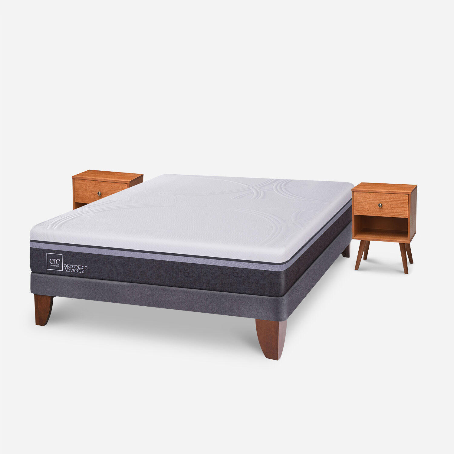 Cama Europea 2 Plazas Ortopedic Advance Base Normal + Veladores Gales Caramel