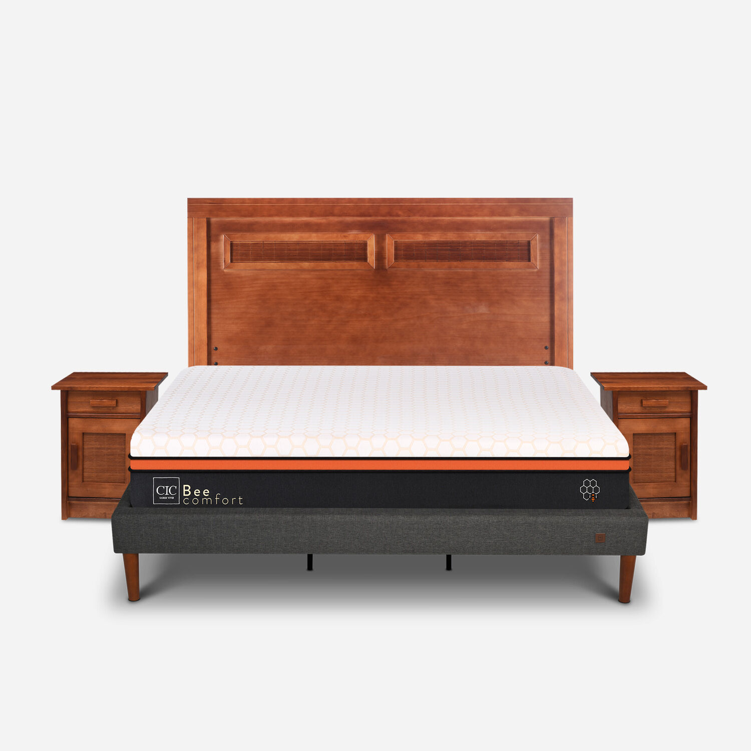 Cama Europea Curve King Bee Comfort + Set Mil&aacute;n Caramel