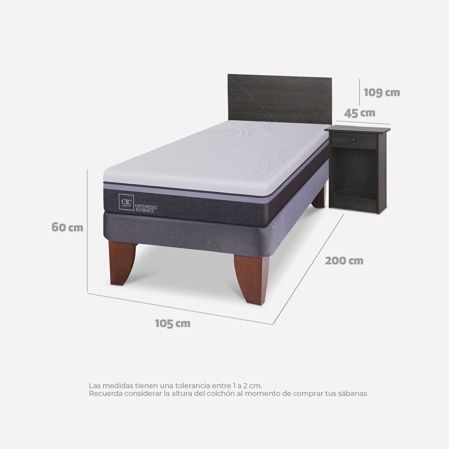 Cama Europea 1,5 Plazas Ortopedic Advance Set Villarrica Gris