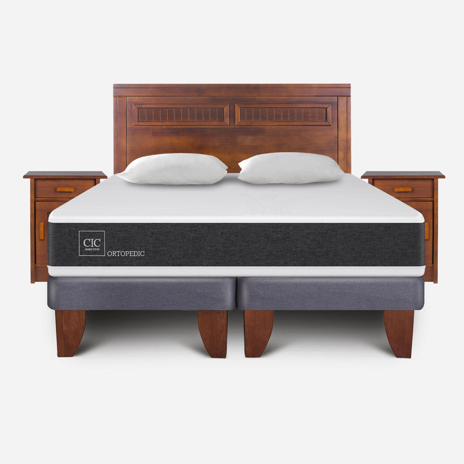 Cama Europea King Ortopedic + Set Mil&aacute;n Caramel + Almohadas