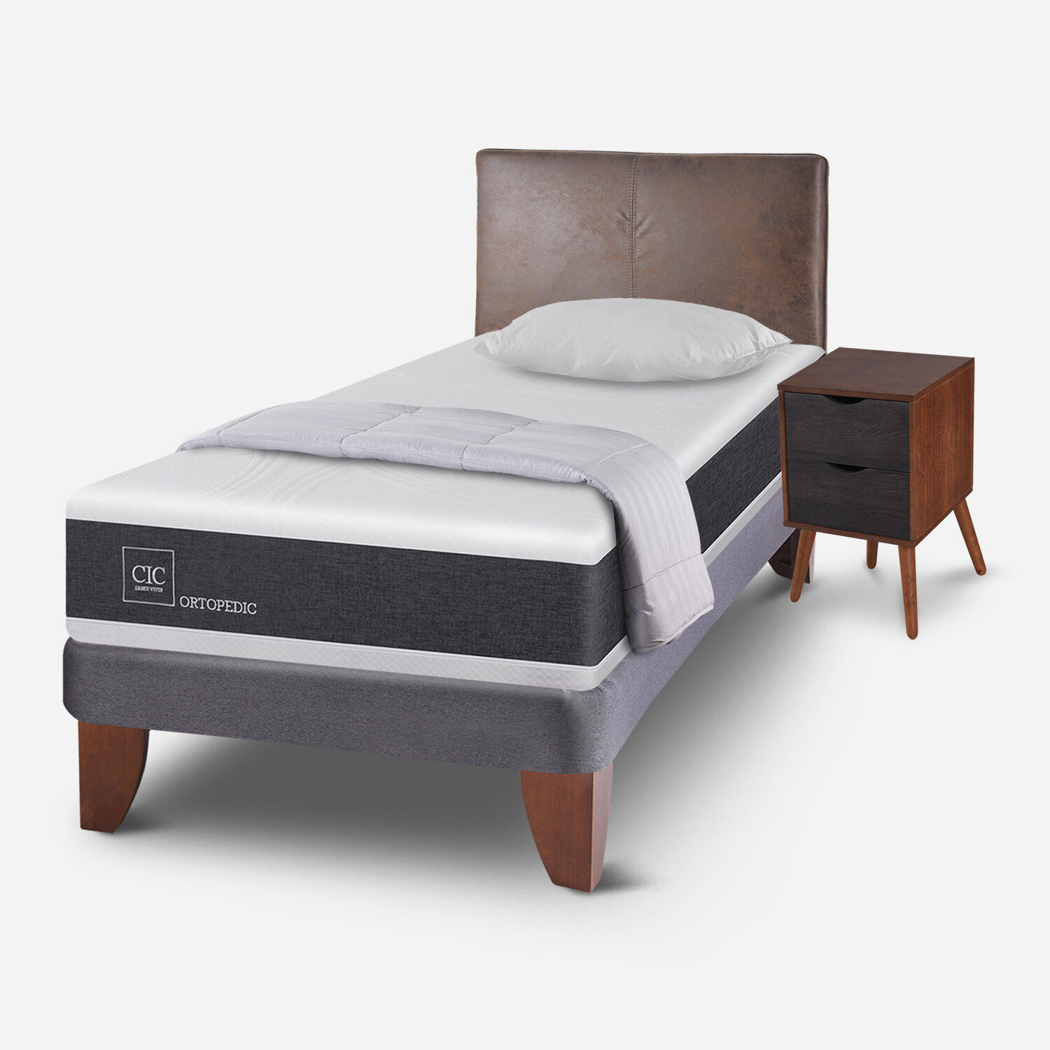 Cama Europea 1,5 Plazas Ortopedic + Almohada + Plum&oacute;n + Set Baker