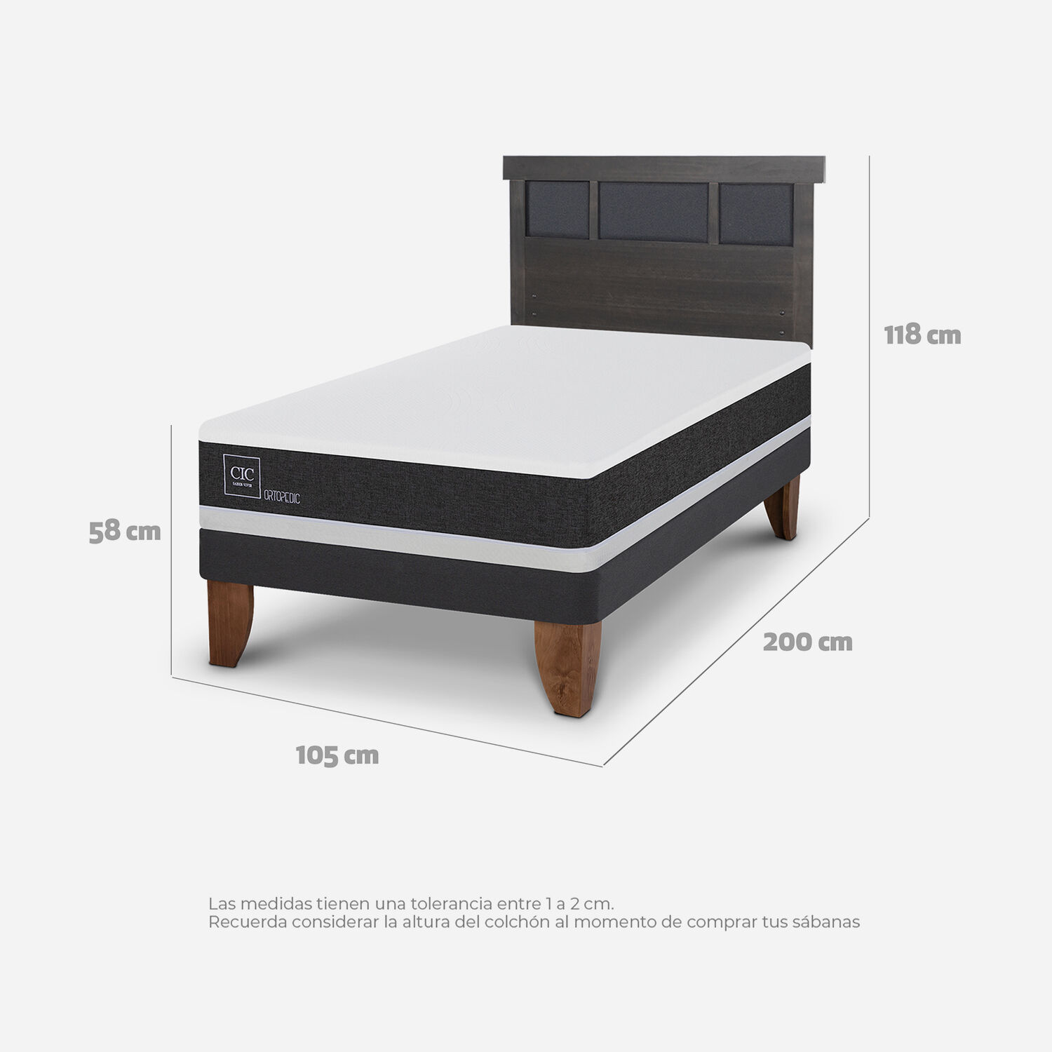 Cama Europea 1,5 Plazas Ortopedic + Respaldo Dublín Gris