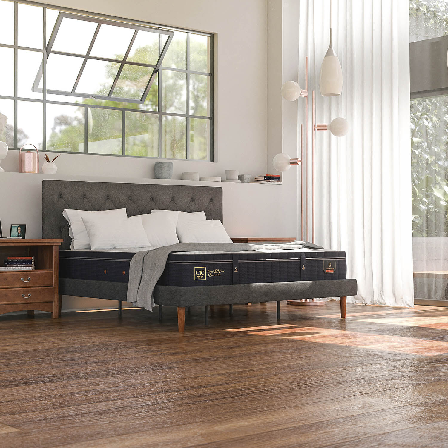 Cama Europea 2 Plazas Super Premium Base Dividida + Set Kaveri + Plum&oacute;n 15% Pluma de Ganso