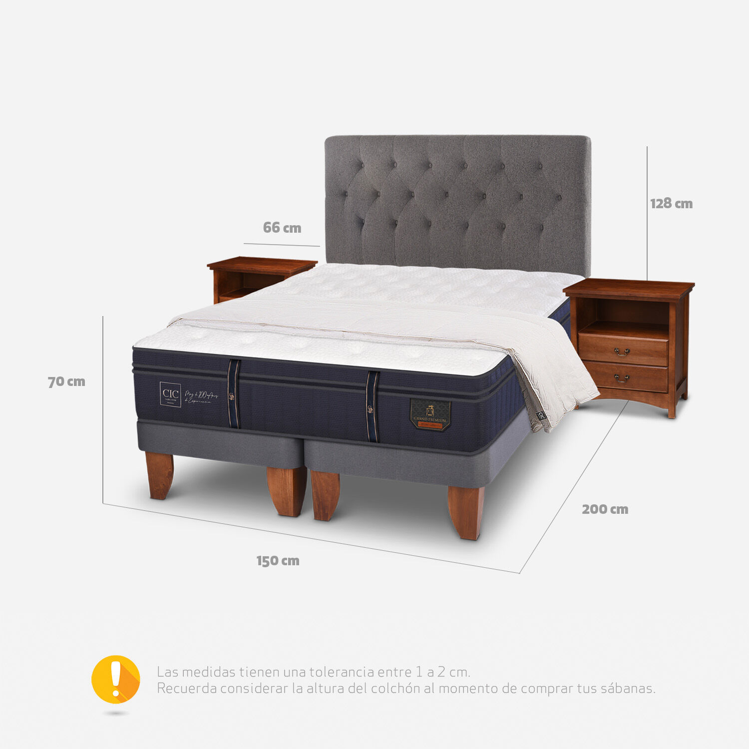 Cama Europea 2 Plazas Grand Premium Base Dividida + Set Kavery + Plum&oacute;n 15% Pluma de Ganso