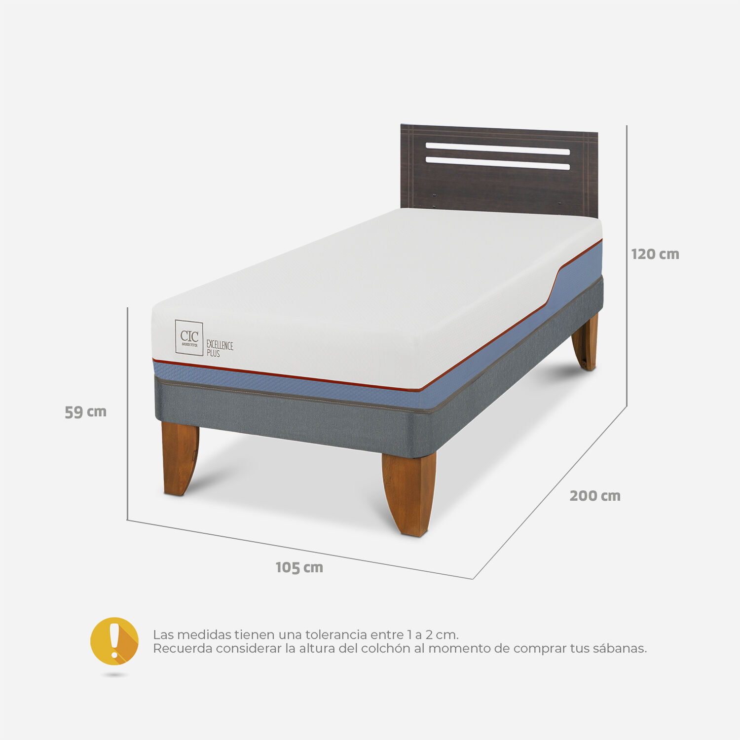 Cama Europea 1,5 Plazas Excellence Plus + Respaldo Múnich Gris