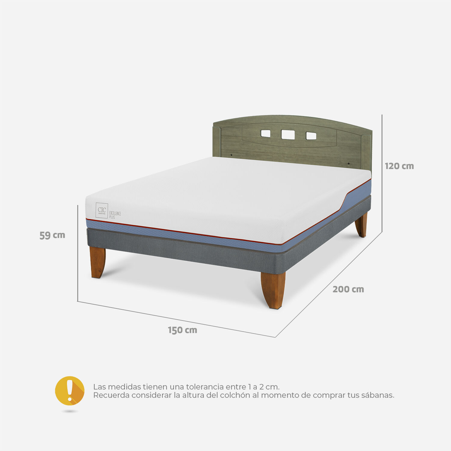 Cama Europea 2 Plazas Excellence Plus Base Normal + Respaldo Gales Olivo