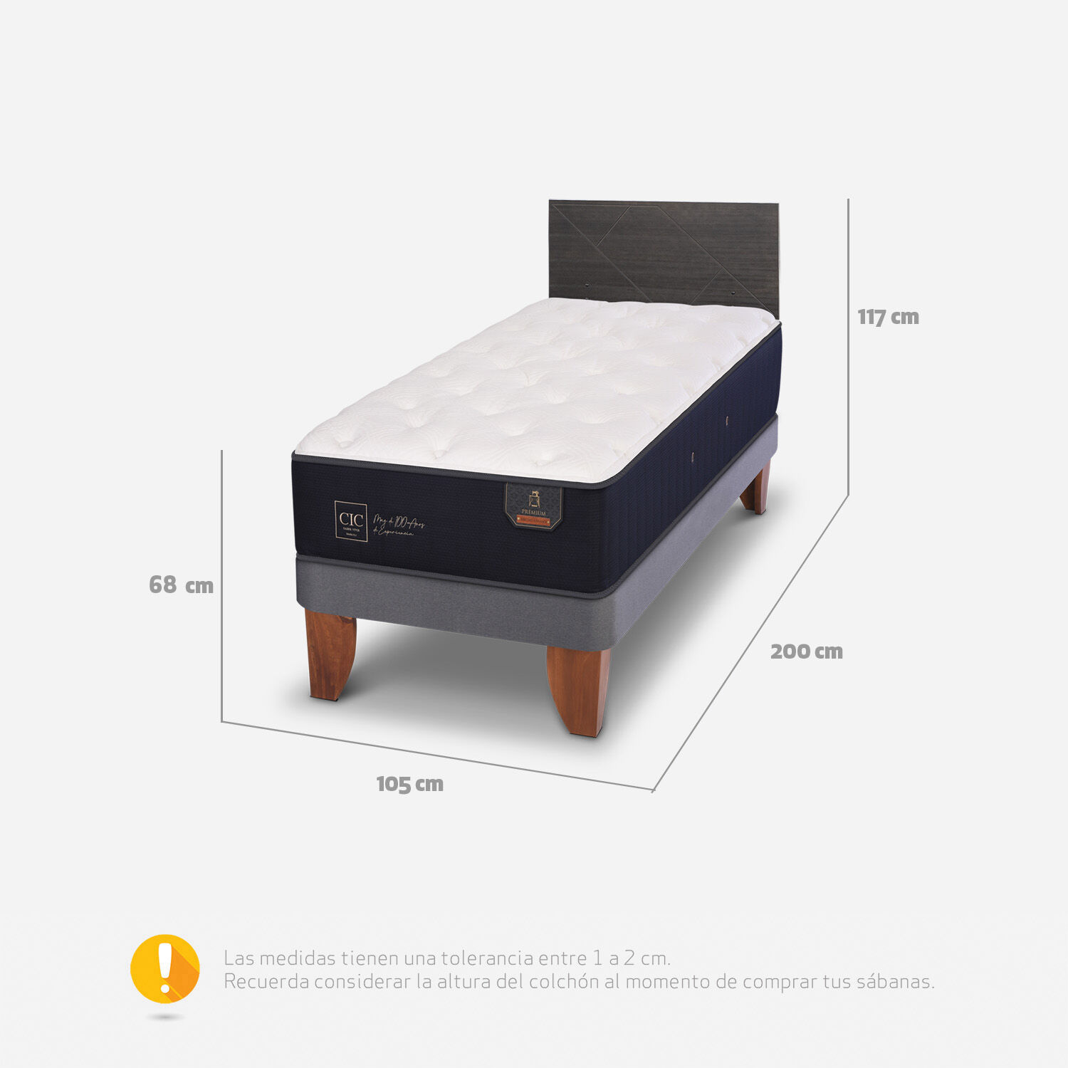 Cama Europea 1,5 Plazas Premium + Respaldo Villarrica Gris