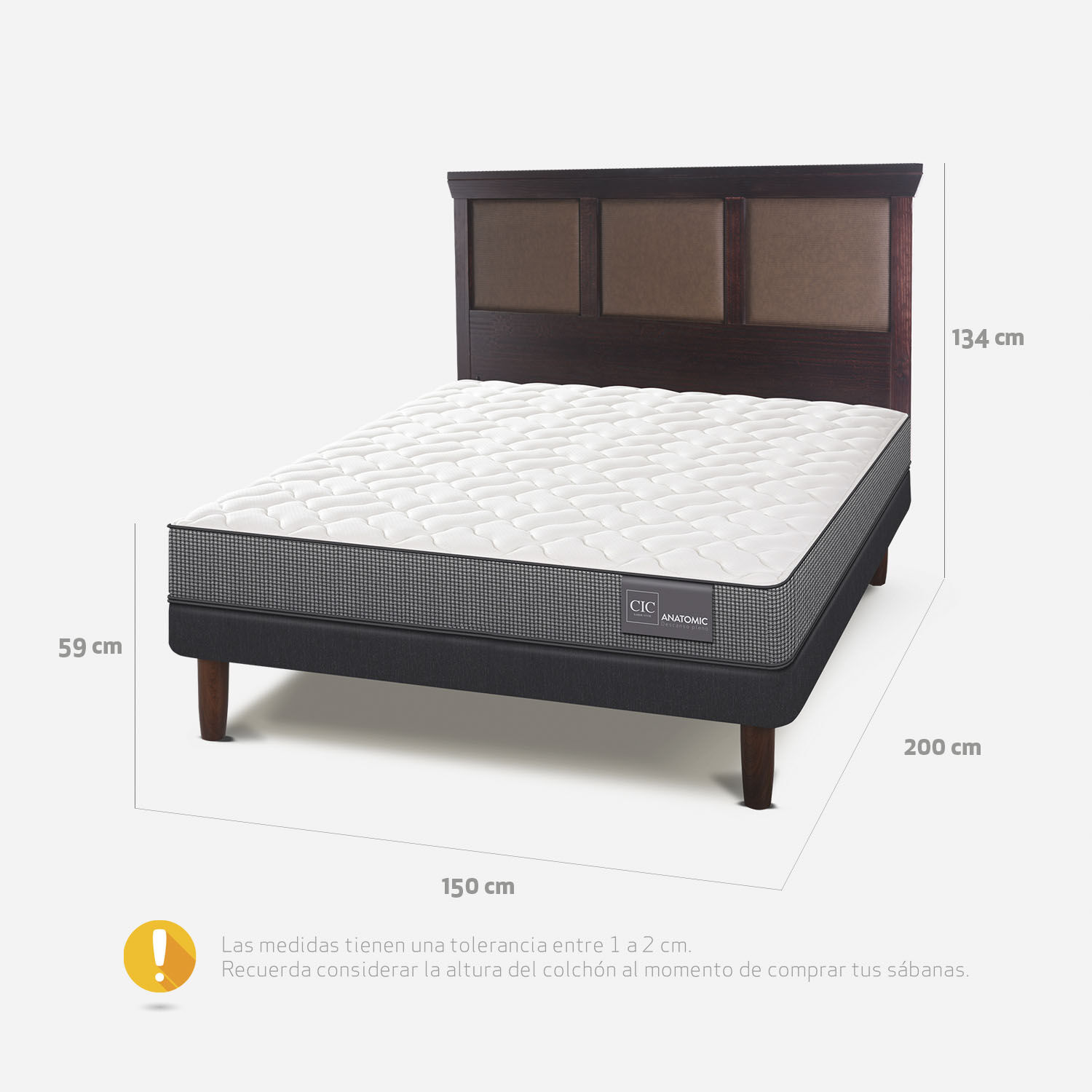 Cama Europea 2 Plazas Base Normal Anatomic + Respaldo Torino Choc