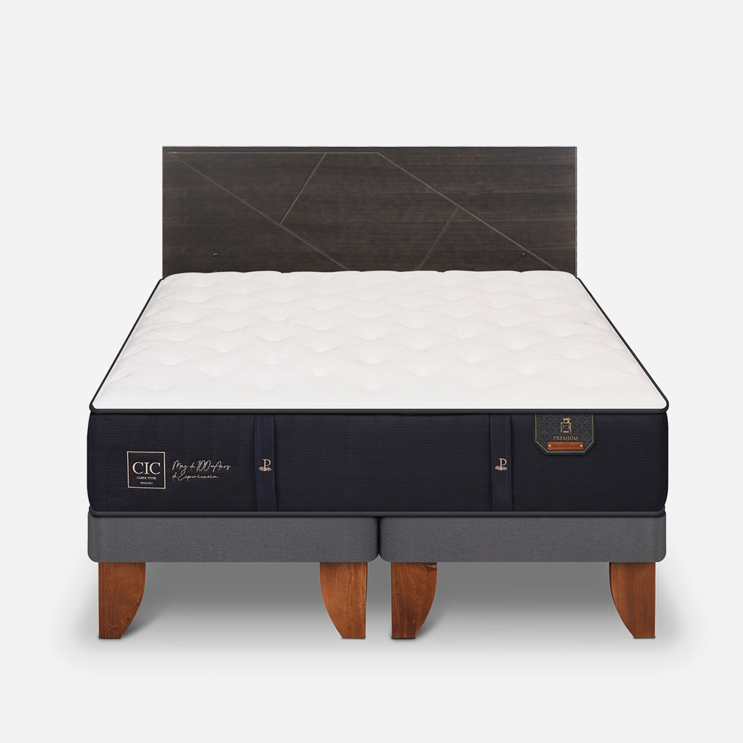 Cama Europea 2 Plazas Premium Base Dividida + Respaldo Villarrica Gris