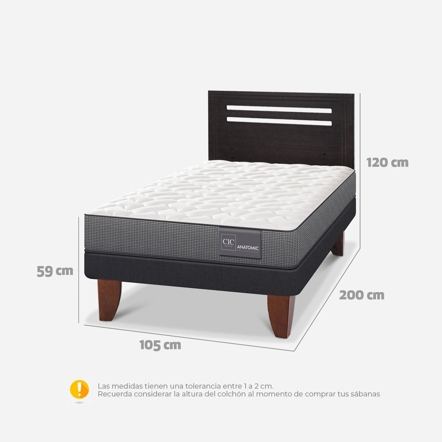 Cama Europea 1,5 Plazas Anatomic + Respaldo Múnich Negro