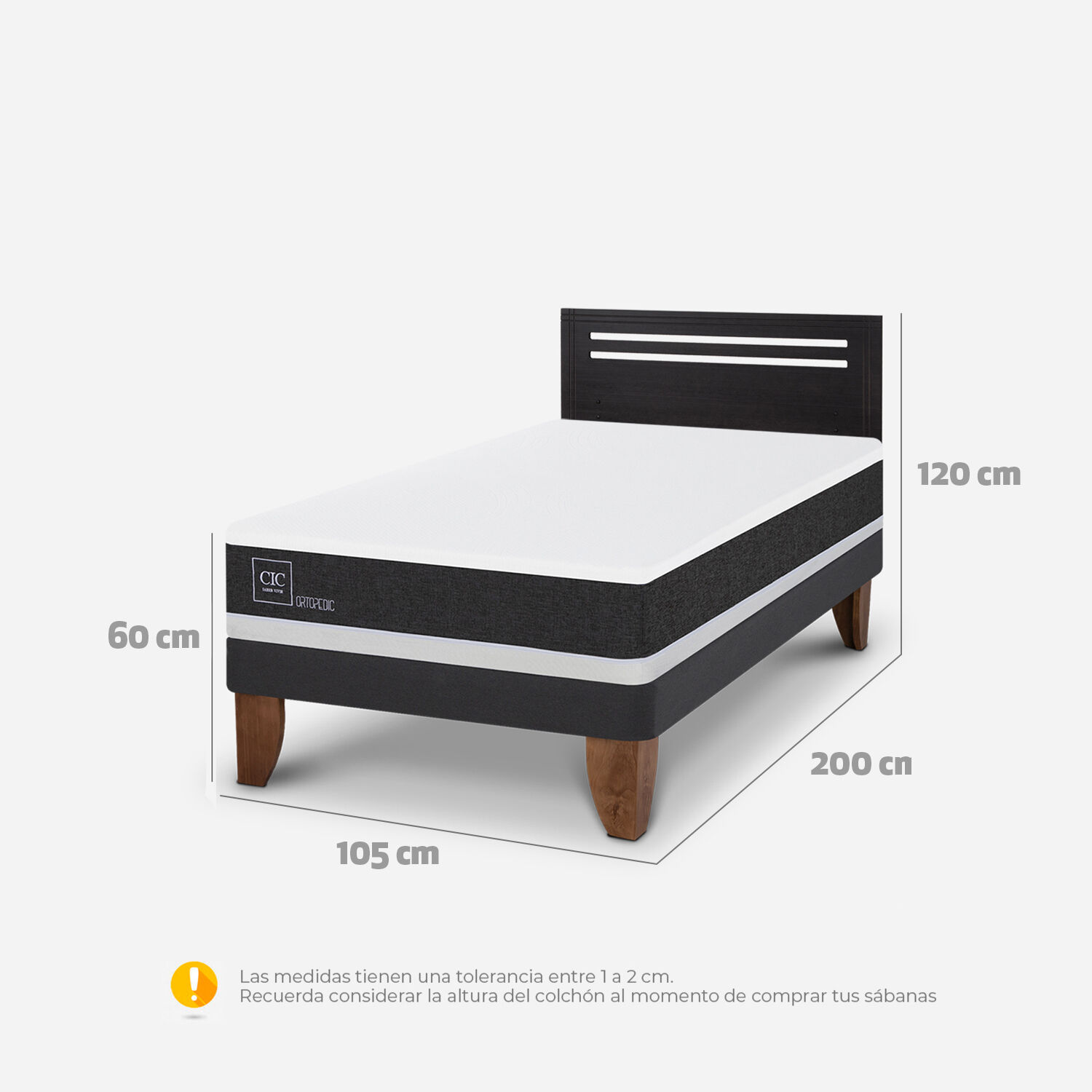 Cama Europea 1,5 Plazas Ortopedic + Respaldo Múnich Negro
