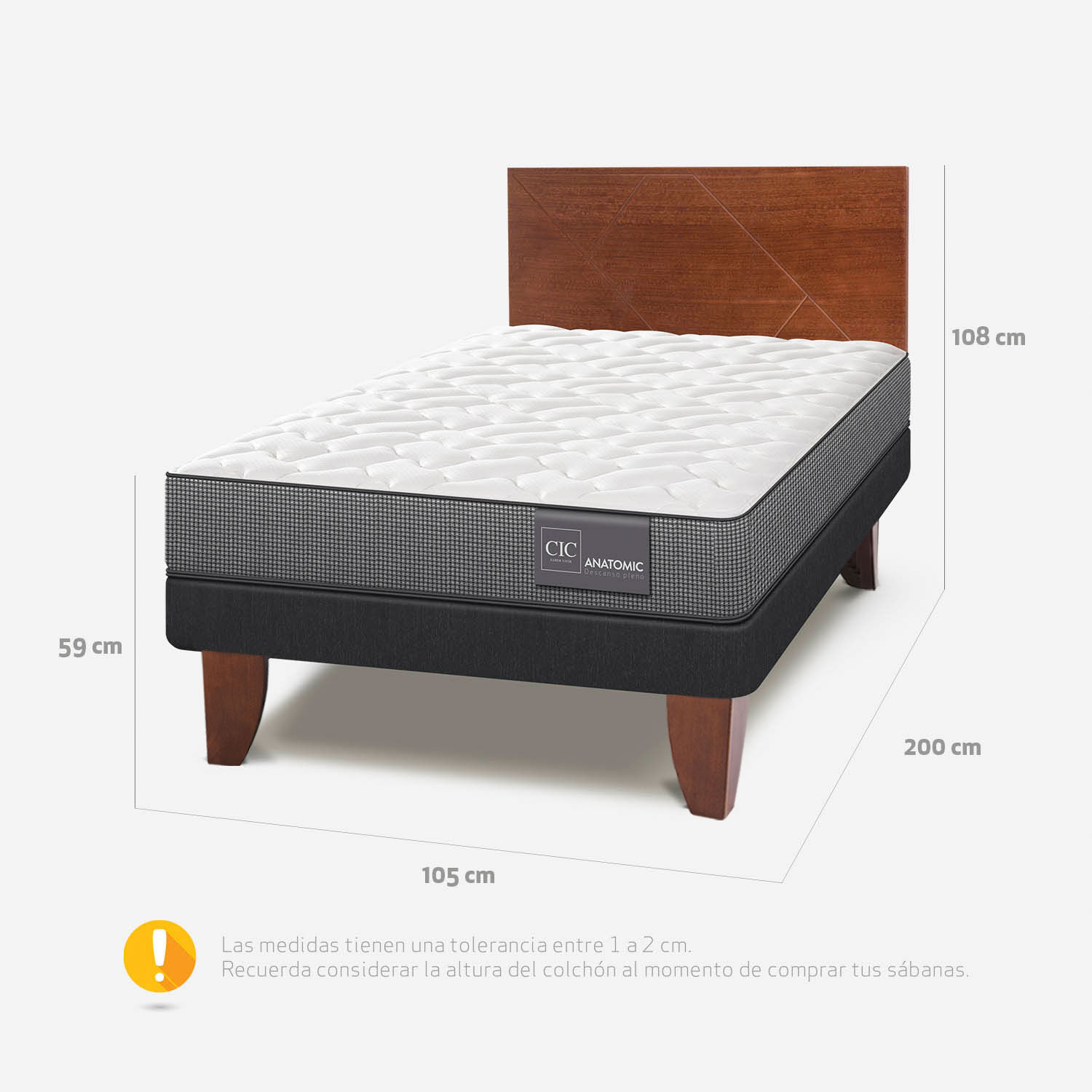 Cama Europea 1,5 Plazas Anatomic + Respaldo Villarrica Caramel