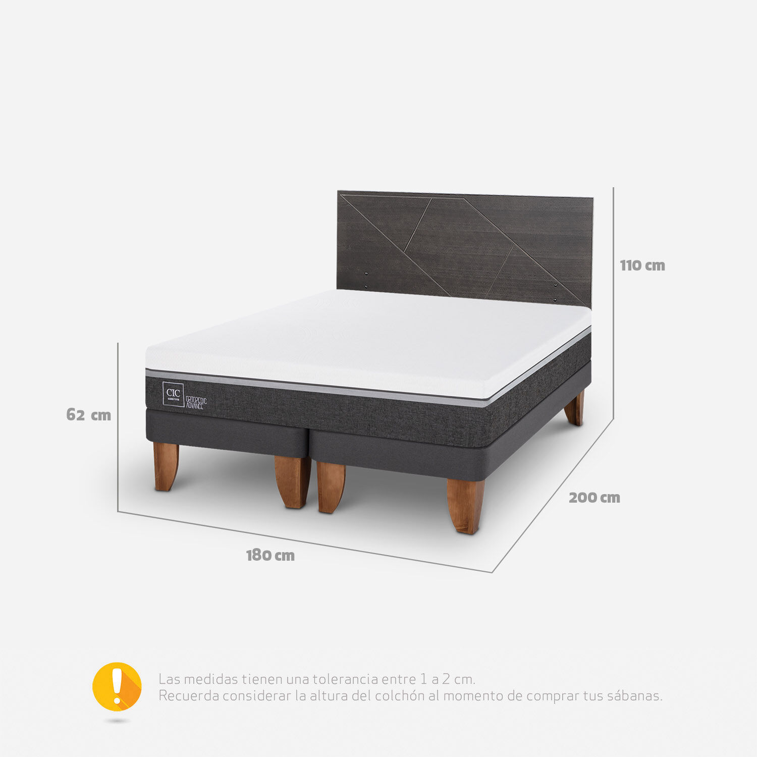 Cama Europea King Ortopedic Advance + Respaldo Villarrica Gris