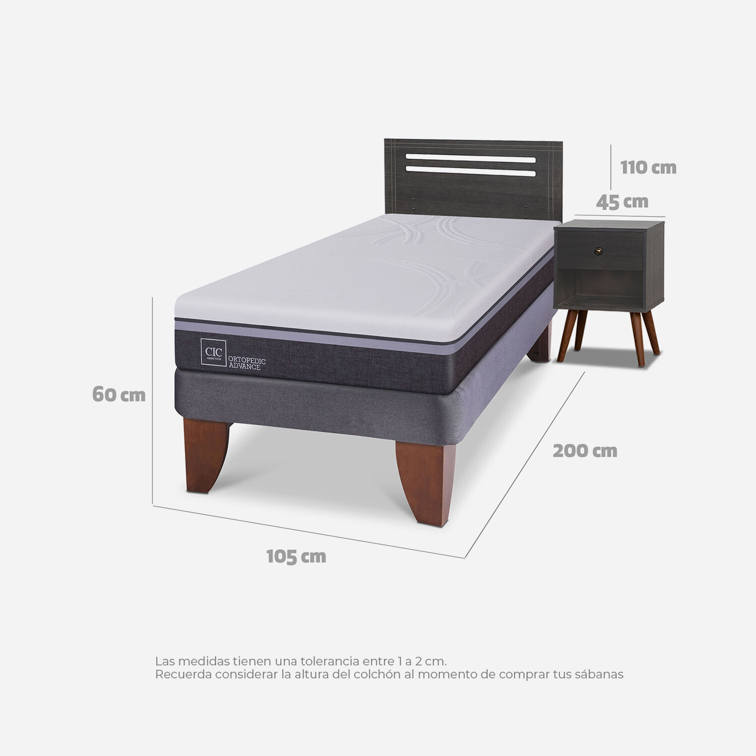 Cama Europea 1,5 Plazas Ortopedic Advance Set Múnich Gris