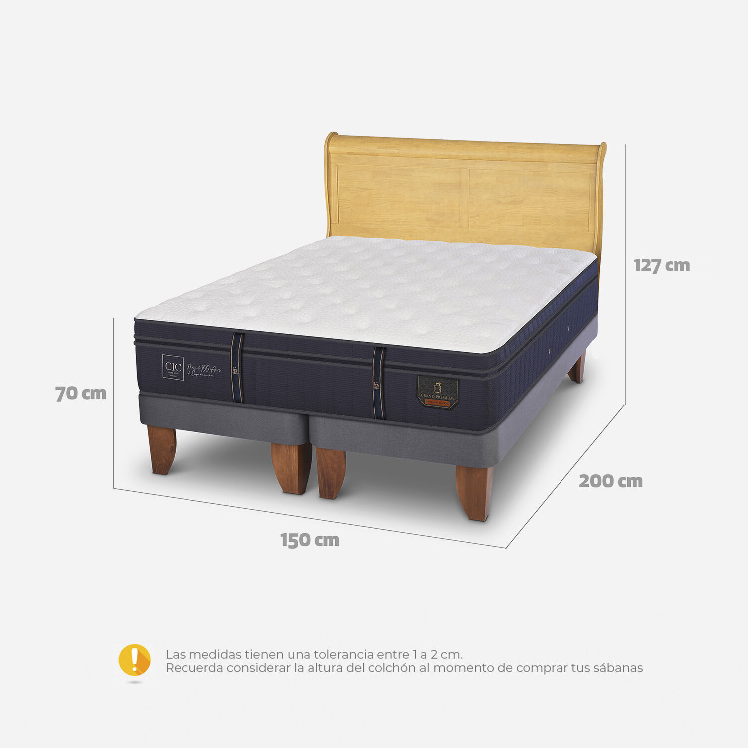 Cama Europea 2 Plazas Grand Premium Base Dividida + Respaldo Miró Mostaza