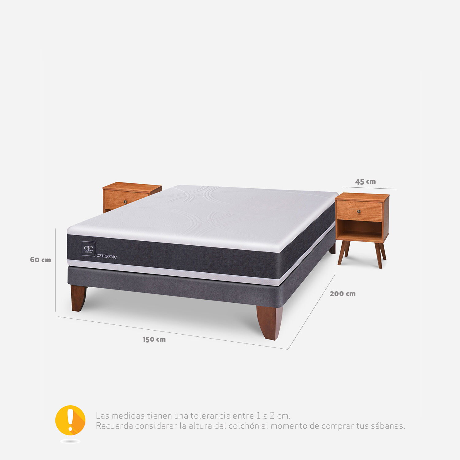Cama Europea 2 Plazas Ortopedic Base Normal + Veladores Gales Caramel