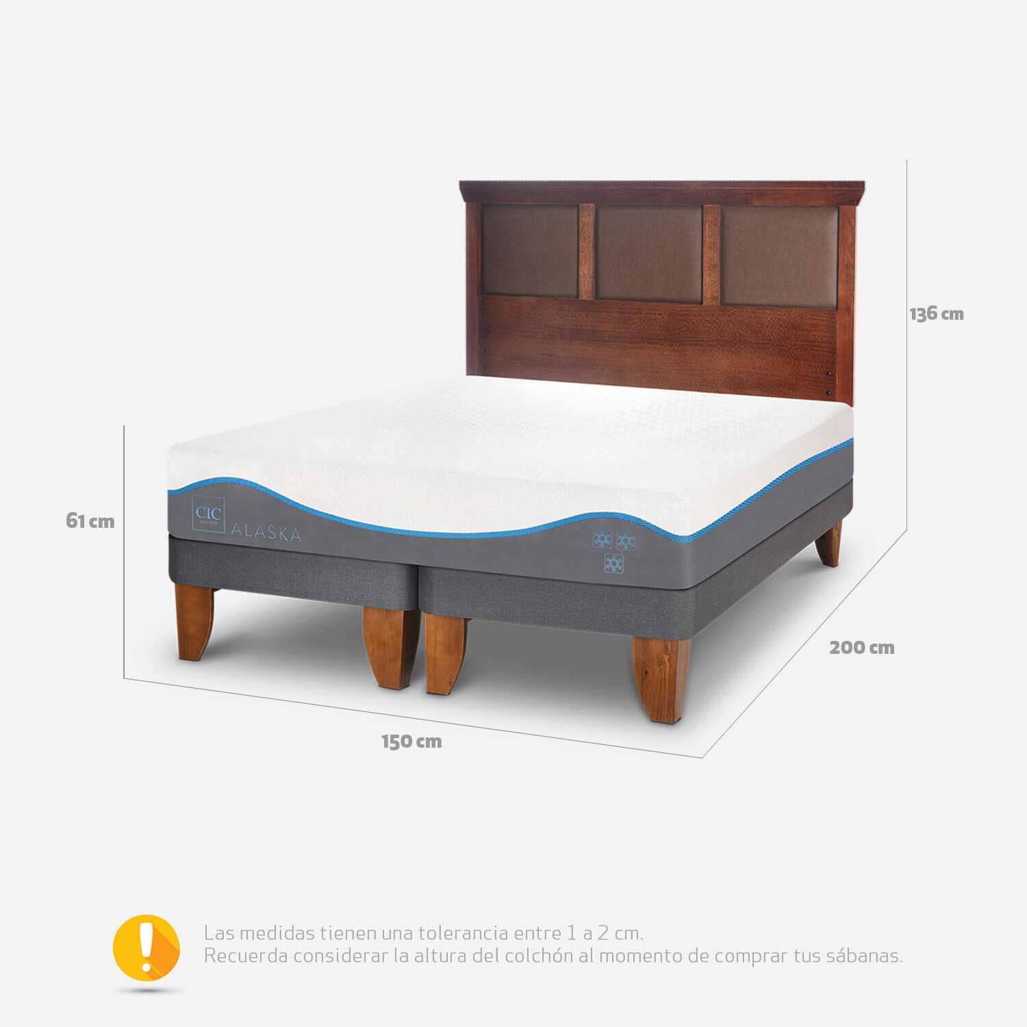Cama Europea 2 Plazas Alaska Base Dividida + Respaldo Torino Caramel