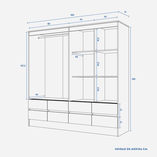 Clóset 4 Puertas Corredera 8 Cajones Maule Cerezo