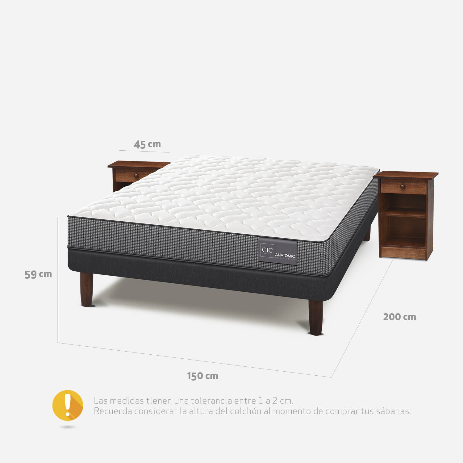 Cama Europea 2 Plazas Anatomic Base Normal + Veladores Dubl&iacute;n Caramel