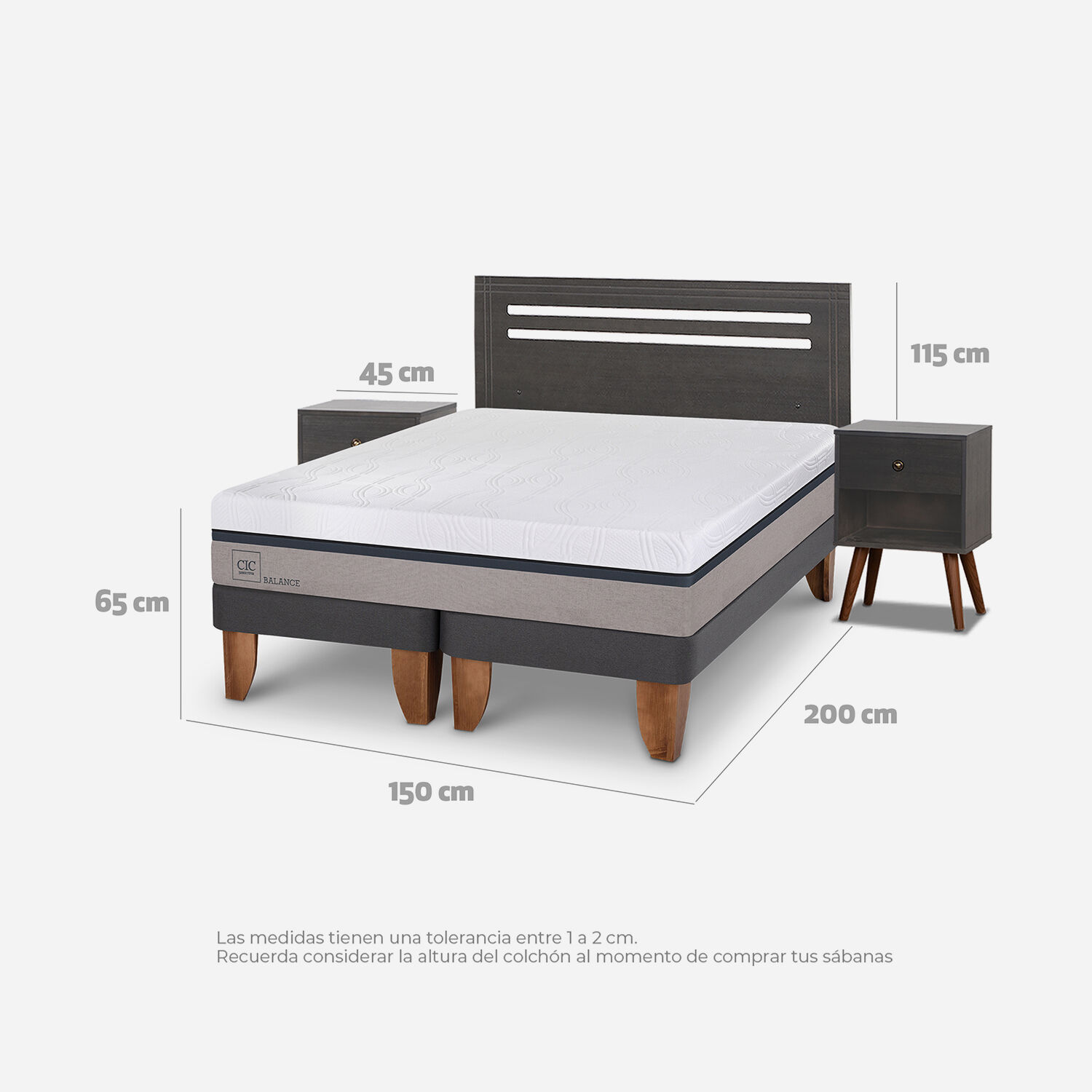 Cama Europea 2 Plazas Balance Base Dividida + Set M&uacute;nich Gris