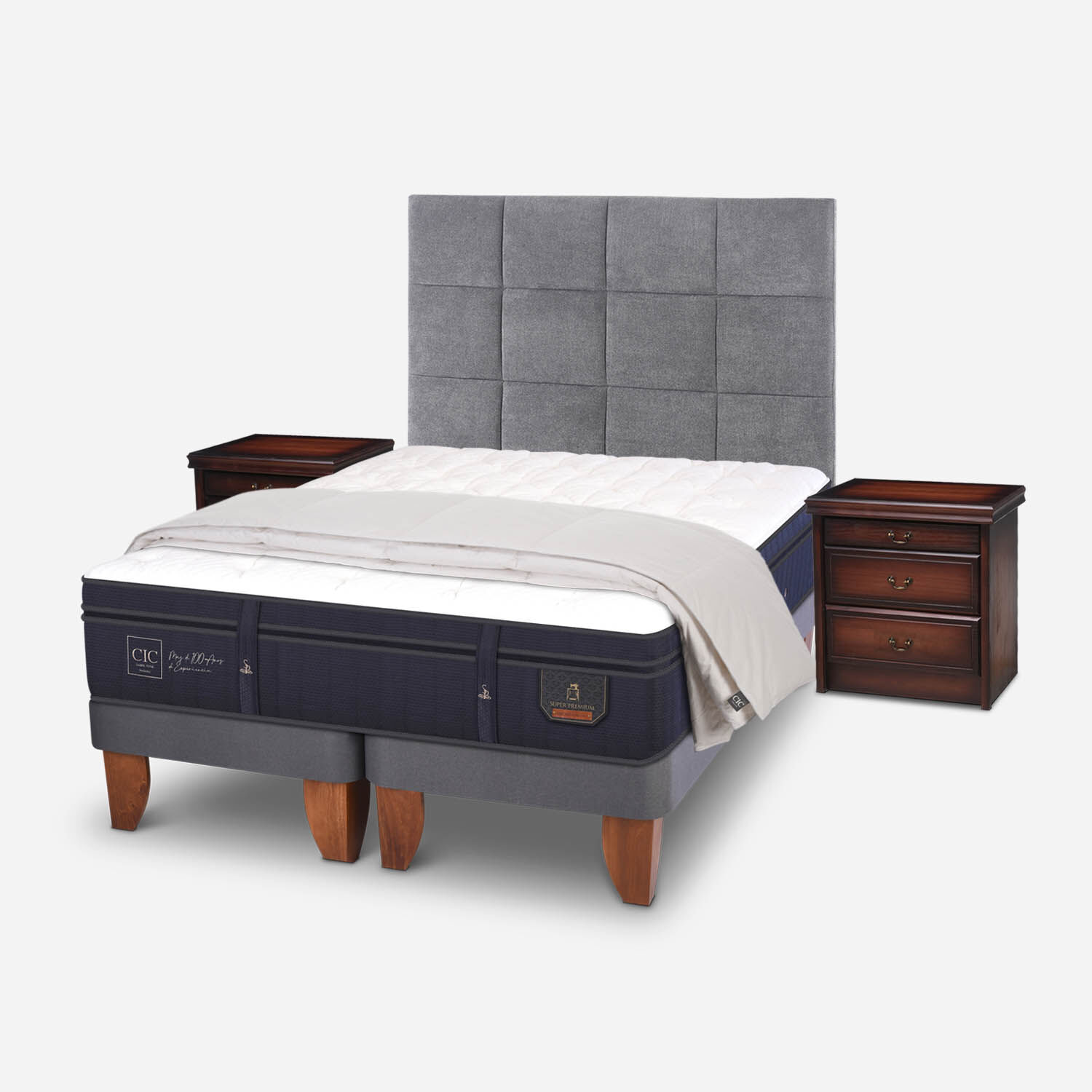 Cama Europea 2 Plazas Base Dividida Super Premium + Set Támesis + Almohadas 100% Pluma de Ganso