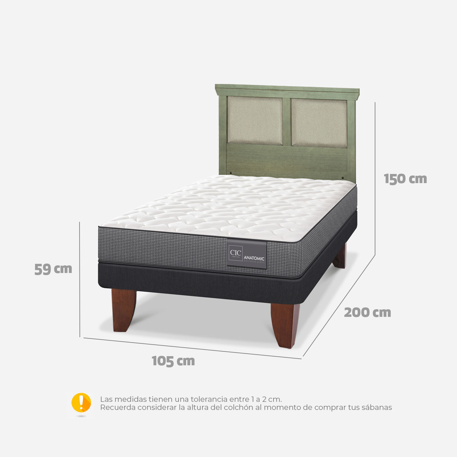 Cama Europea 1,5 Plazas Anatomic + Respaldo Torino Olivo